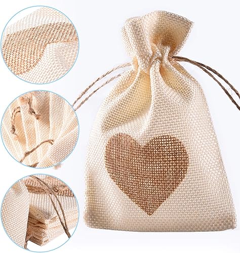 Miniatura 5 de Bolsas de arpillera, 40 paquetes de 4 x 6 pulgadas, con cordón de corazón, bolsa de regalo de arpillera, bolsas para caramelos, bolsillos de lino