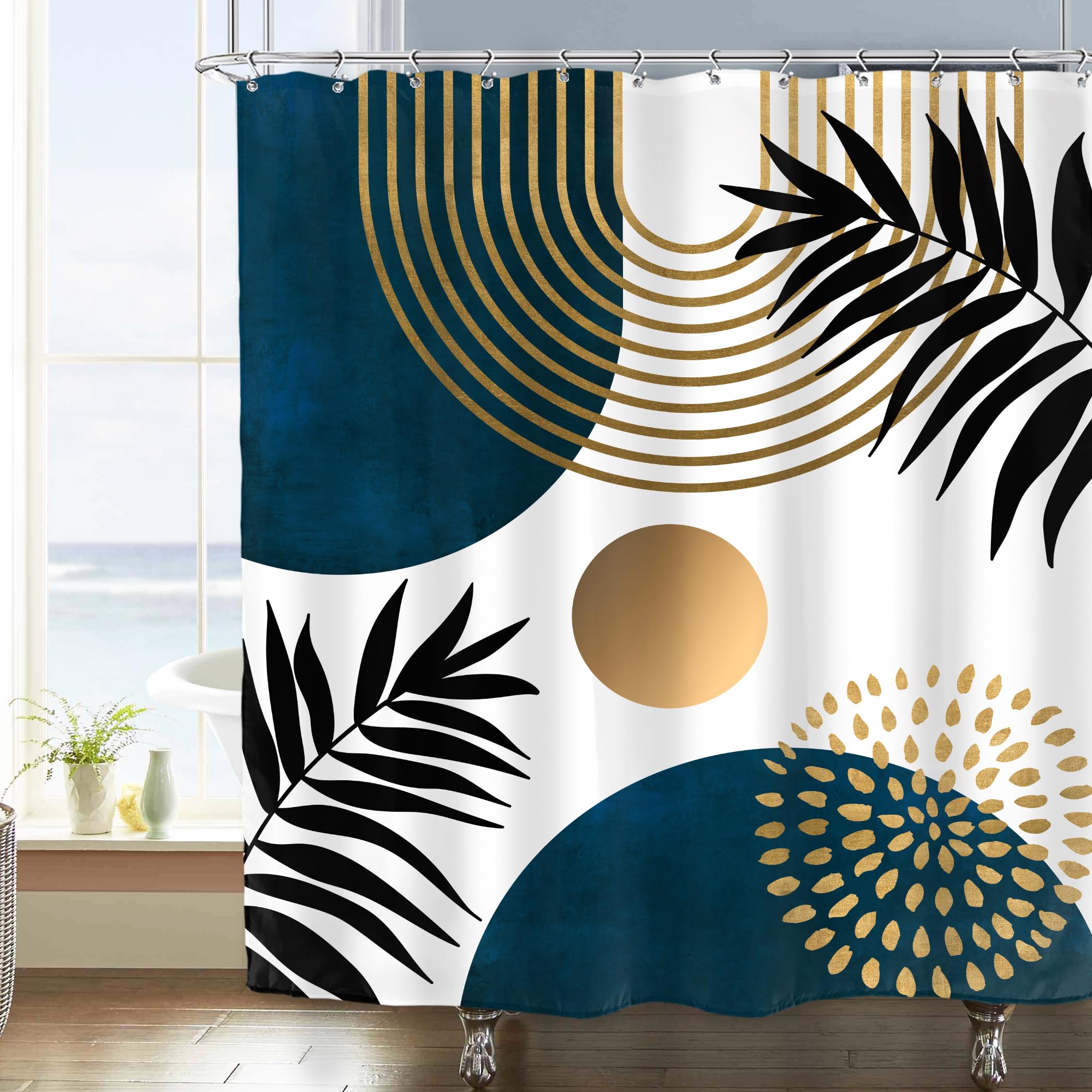Imirell Navy Blue Gold Mid Century Shower Curtain 60Wx72H Inches Modern Boho Abstract Leaves Minimalist Sun Arch Geometric Aesthetic Plant Men Fabric
