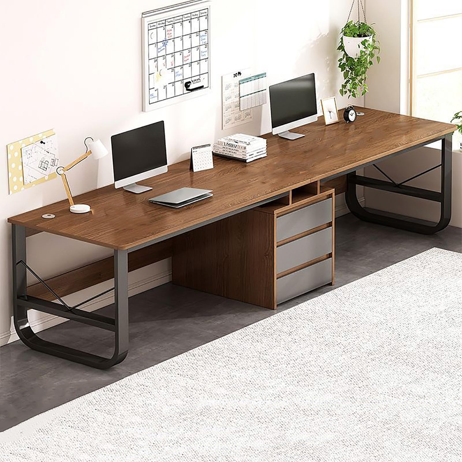 Escritorio doble, escritorio de computadora extra largo, escritorio con cajones, estación de trabajo doble, escritorio de computadora grande de madera, escritorio moderno para el hogar Dark wood,240cm