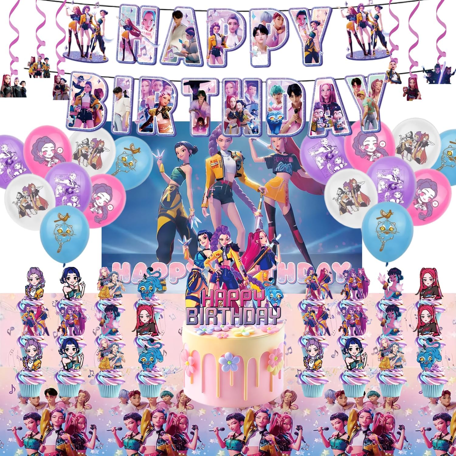 50pcs Kpop Style Birthday Decorations Set – Music Fantasy Party Decorations with Banner, Balloons, Hanging Swirls, Cake & Cupcake Toppers, Tablecloth, Theme Party Supplies