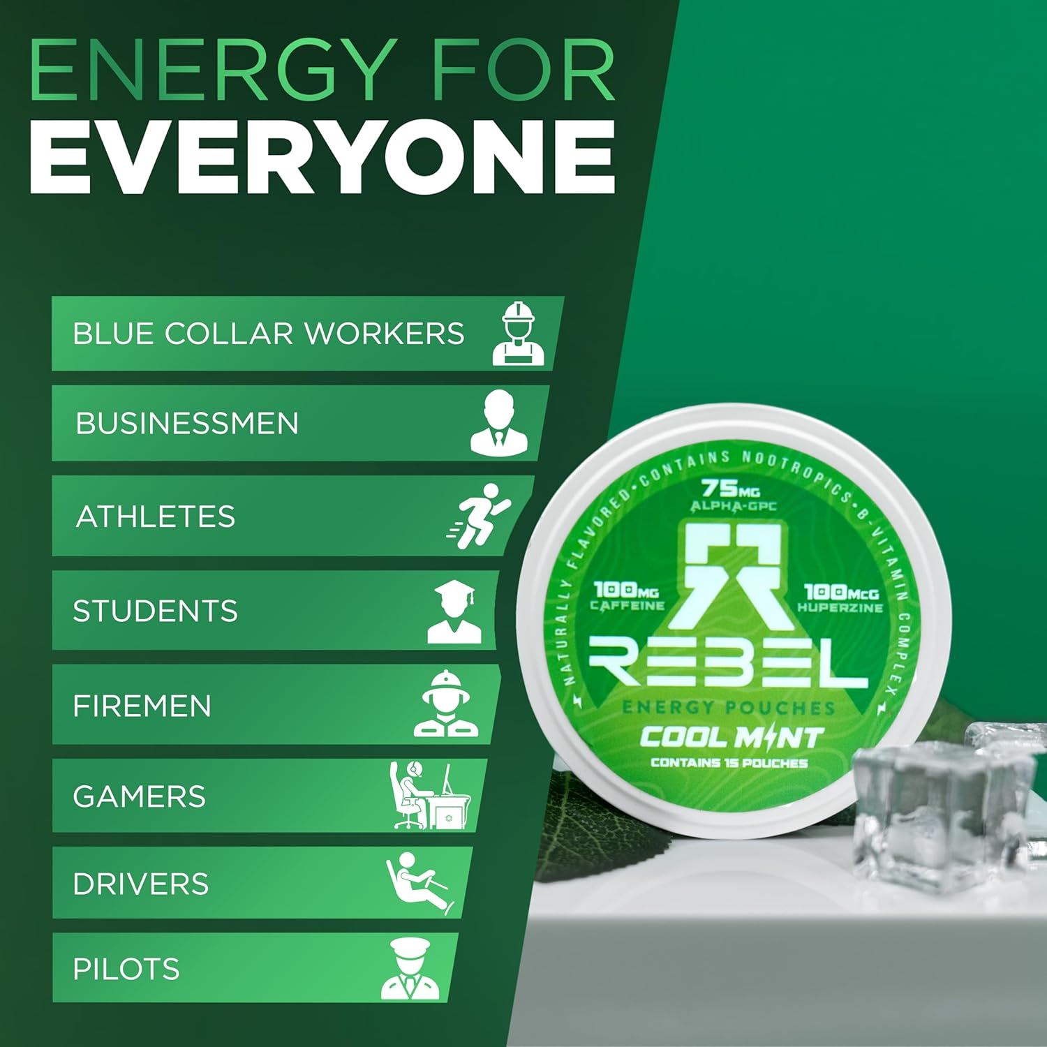 Rebel Nootropic Energy Caffeine Pouches (Cool Mint) • 100mg Caffeine • Alpha GPC • Huperzine A & Essential Vitamins • Sugar-Free • Coconut Fiber Technology • 15 Pouches Per Can (Pack of 4) - Image 6