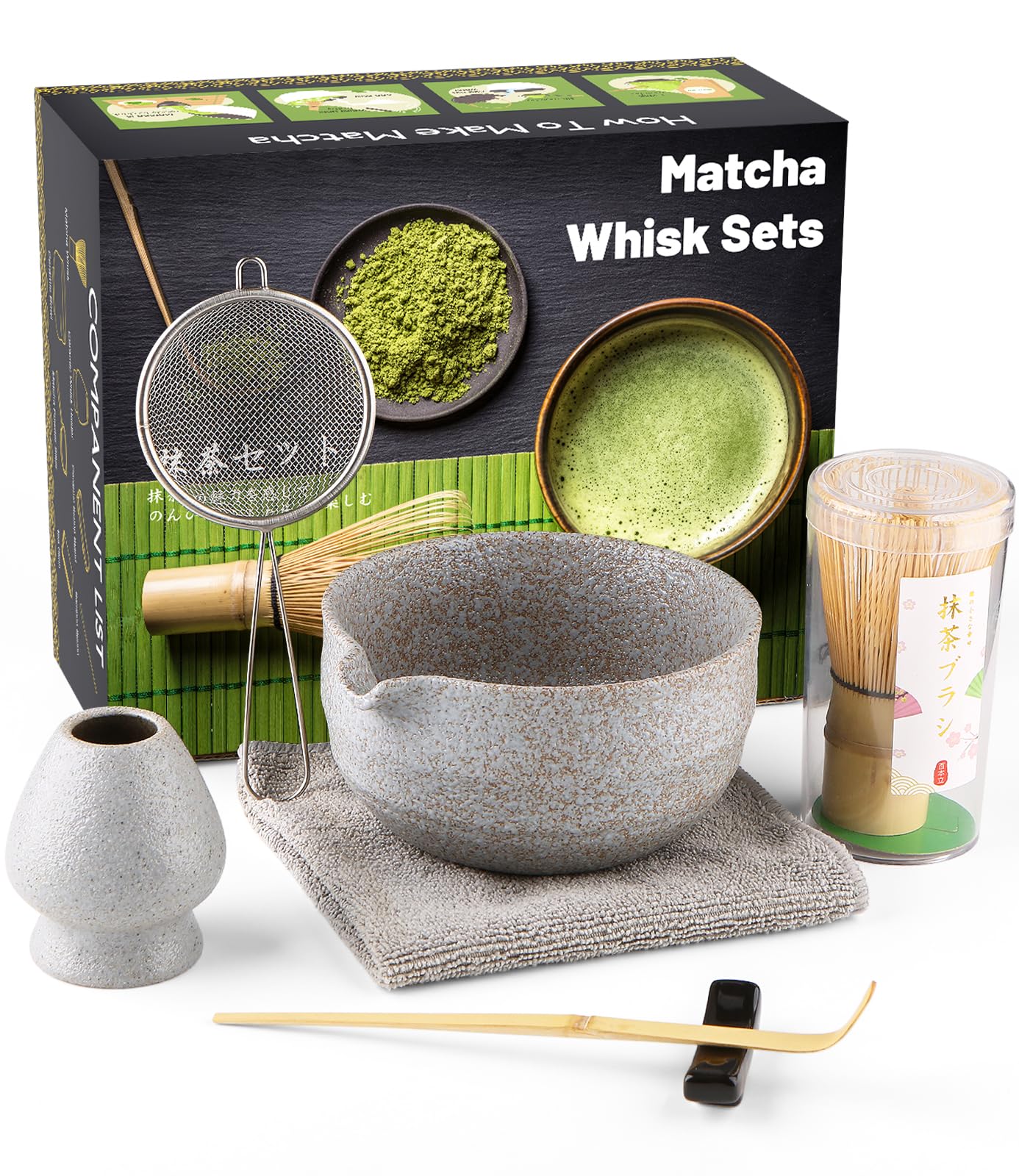 Which Matcha Whisk, Matcha Cup, Matcha Bowl, Chasen, Matcha Sieve, Matcha Spoon (Matcha Whisk-Bamboo, Spouted Bowl: Grey-White Rock)