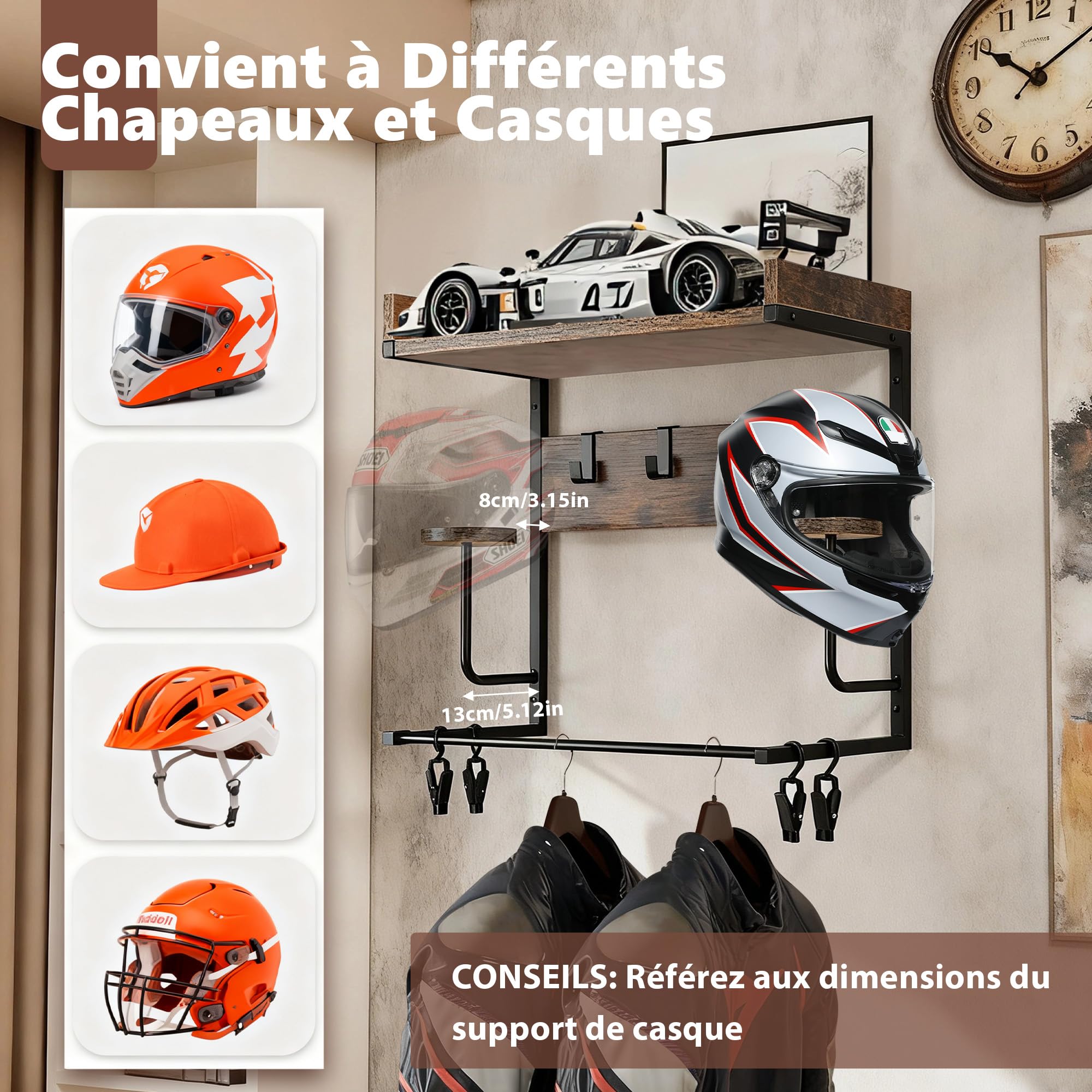 Support Casque Moto, Porte Casque Moto Mural avec 4 Clips à Gants et 4 Crochets, Support Mural pour Ranger Vos Accessoires de Moto, Football, Rugby, Équipement d'Autres Sports