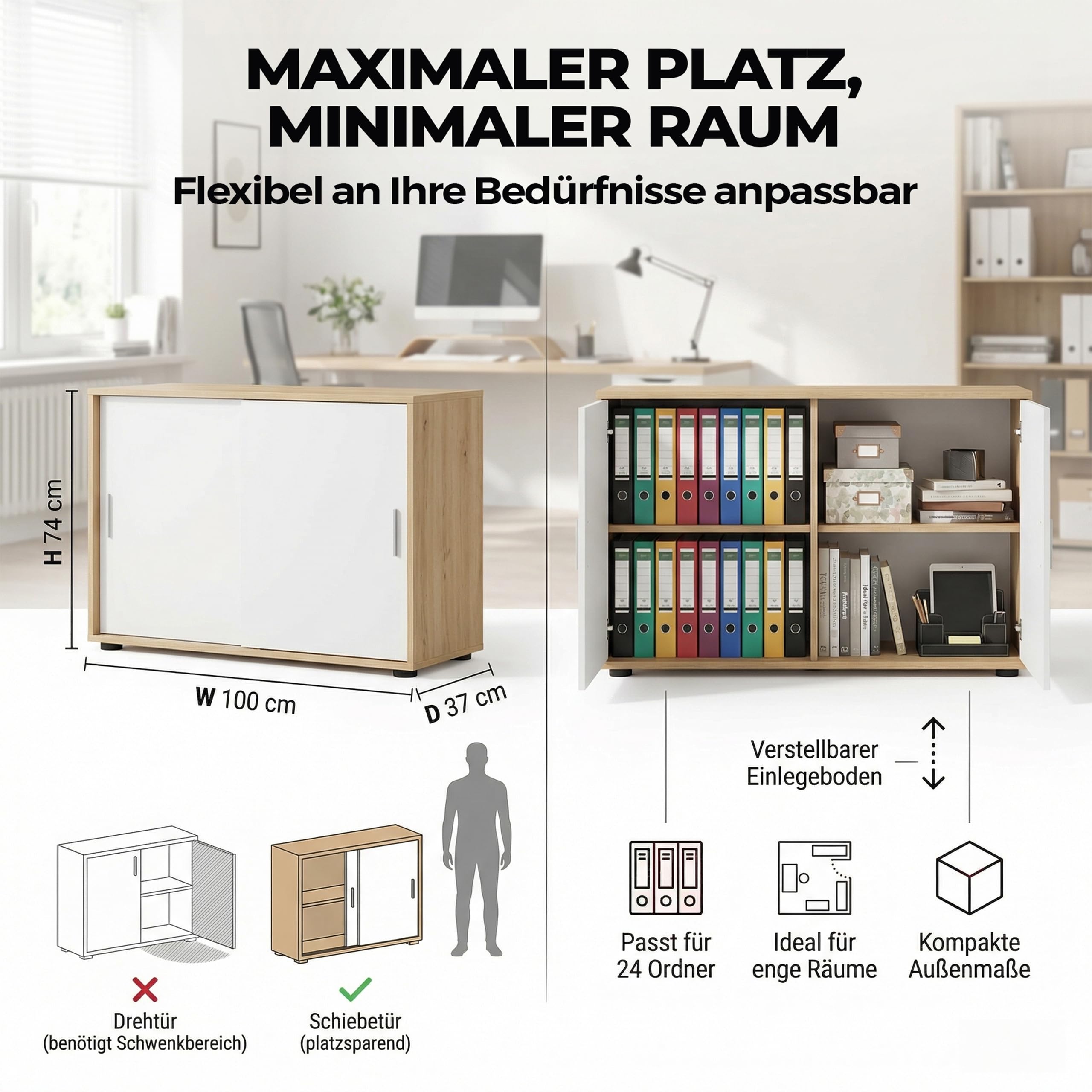 VCM Büroschrank mit 2 Fächern | moderner Aktenschrank mit Schiebetüren | Maße ca. H. 74 x B. 100 x T. 37 cm– Salia 2-Fach