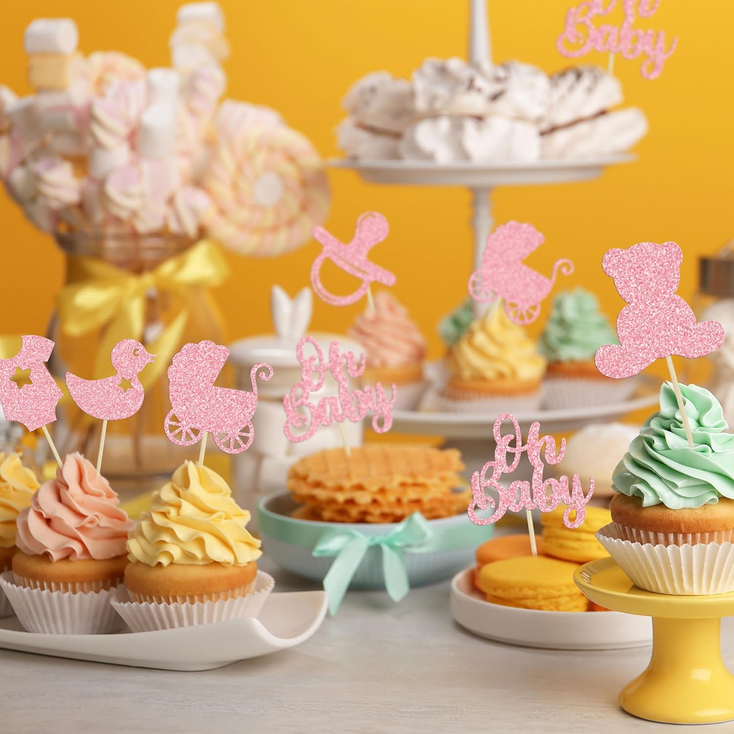 Gyufise 36Pcs Oh Baby Cupcake Toppers Glitter Pacifier Bear Cupcake Picks Cake Decorations for Gender Reveal Baby Shower Kids Boys Girls Birthday Party Supplies Pink - Image 5