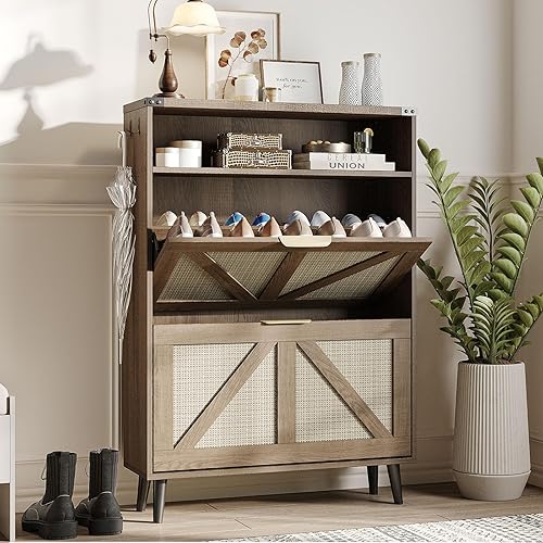 Miniatura 13 de Zapatero con 2 cajones abatibles y almacenamiento abierto, armario de almacenamiento de zapatos de granja para entrada, estante organizador estrecho