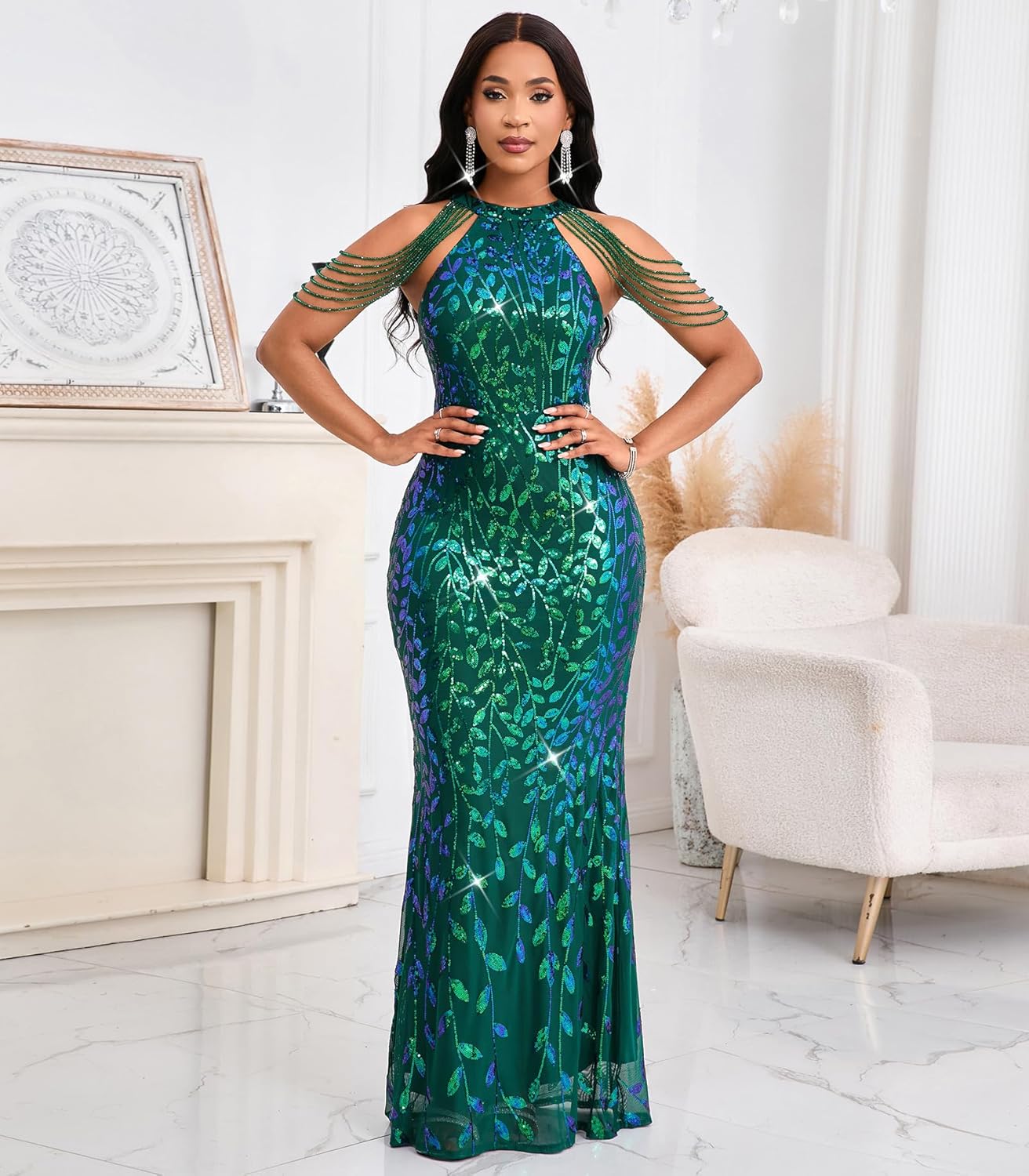 Cololura Women Sexy Elegant Sequin Tassel Off Shoulder Halter Bodycon Maxi Dress Party Evening Gown Formal Dress