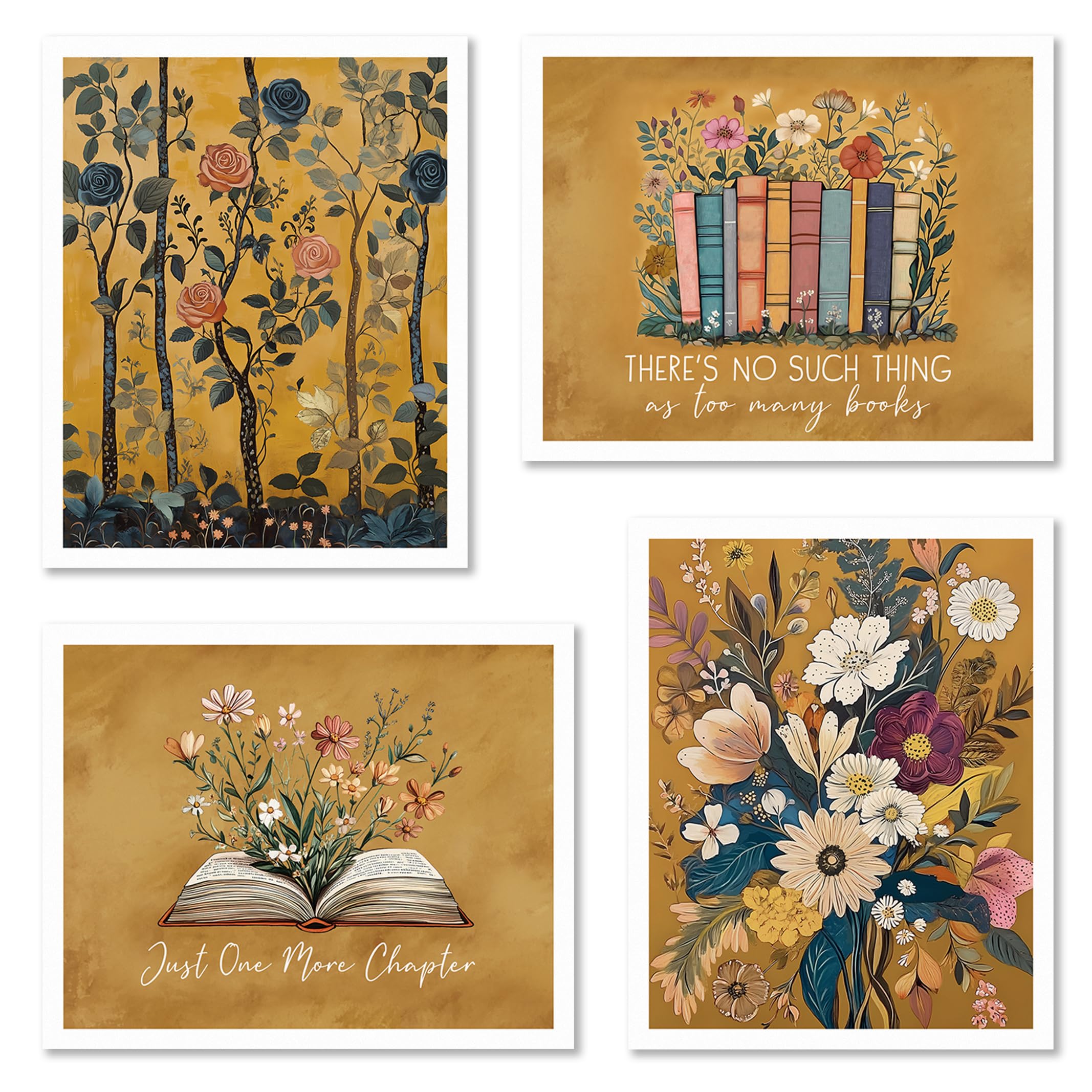 JUIOEIU Vintage Floral Book Fall Wall Art Prints Set of 4, Just One More Chapter Retro Floral Book Wall Art Posters for Bookish Library Reading Room