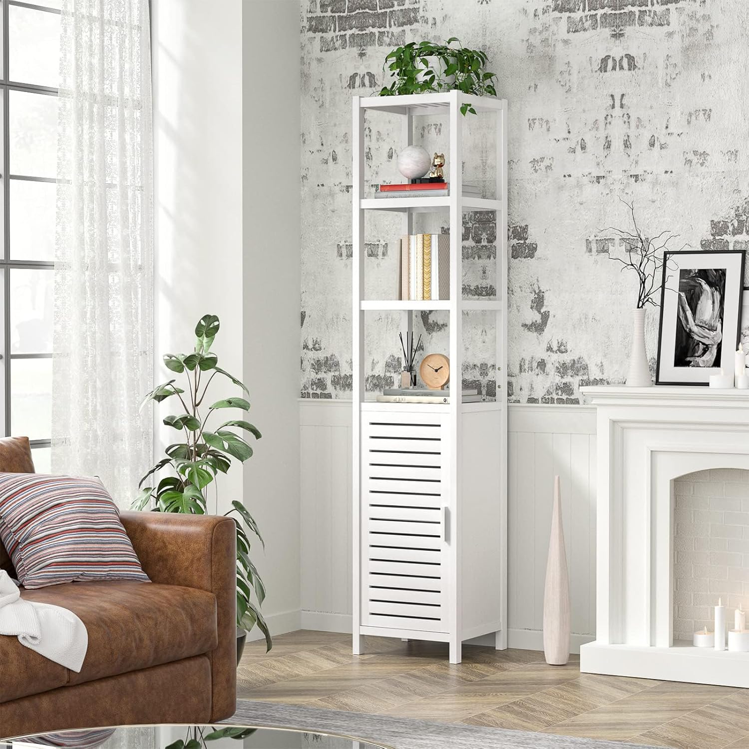 Homykic Bamboo Narrow Bathroom Storage Cabinet, 6-Tier 67 Inch Tall Floor Standing Slim Cabinet Organizer with Shutter Door and Open Shelves for Kitchen, Living Room, Corner, White