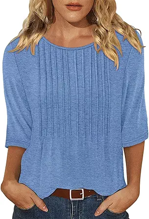 KISSMODA Tunic Tops for Women Loose Fit Dressy Round Neck Pleated 3/4 Length Sleeve Spring Tops