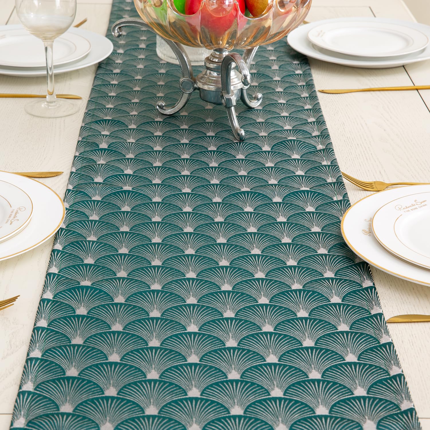 Vntage Luxury Teal Damask Table Runner Wth Mult-Tassels, 13x72nch
