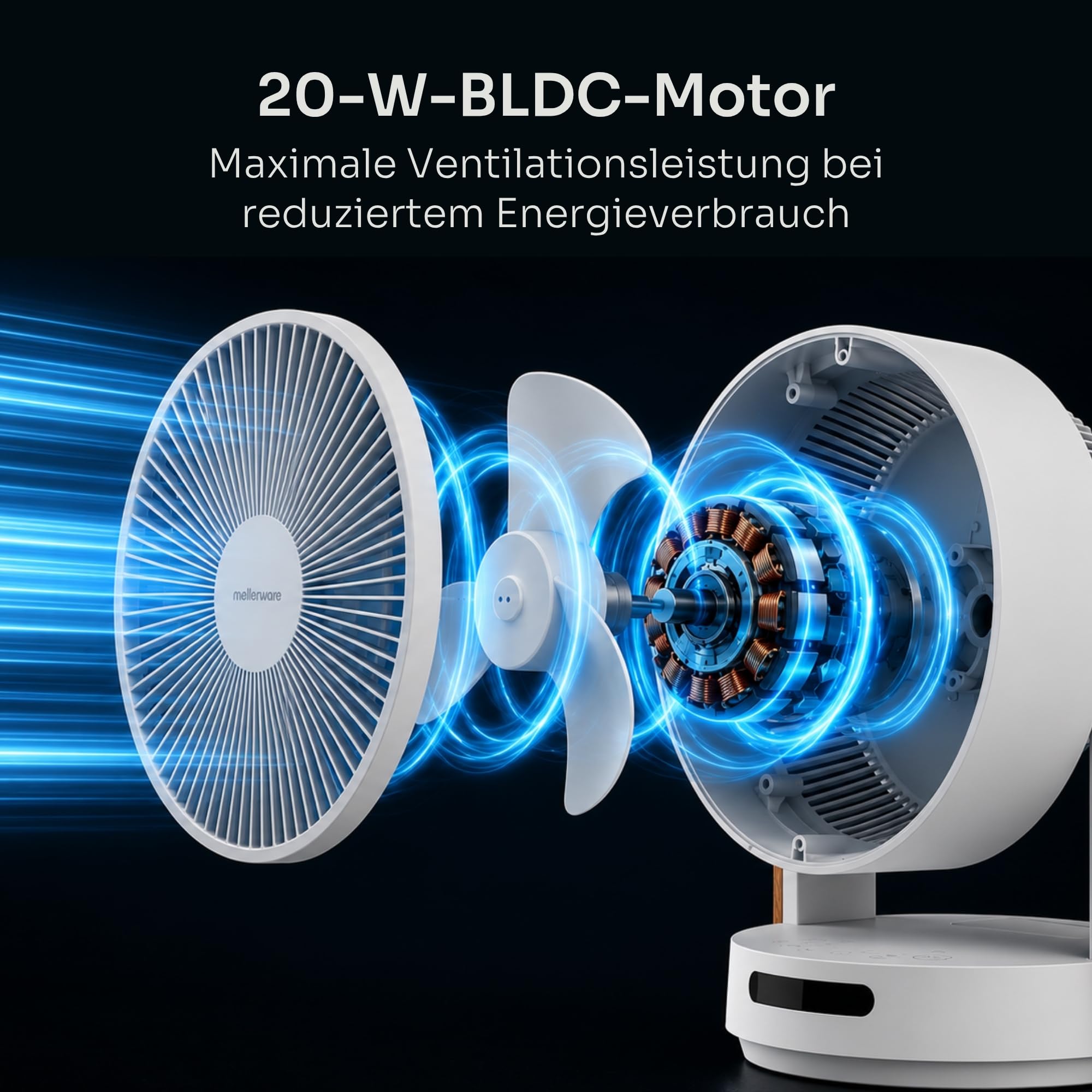 Mellerware Brizy Desk 360 Silence Tischventilator 360° Oszillation BLDC-Motor 20W 4 Geschwindigkeiten Fernbedienung