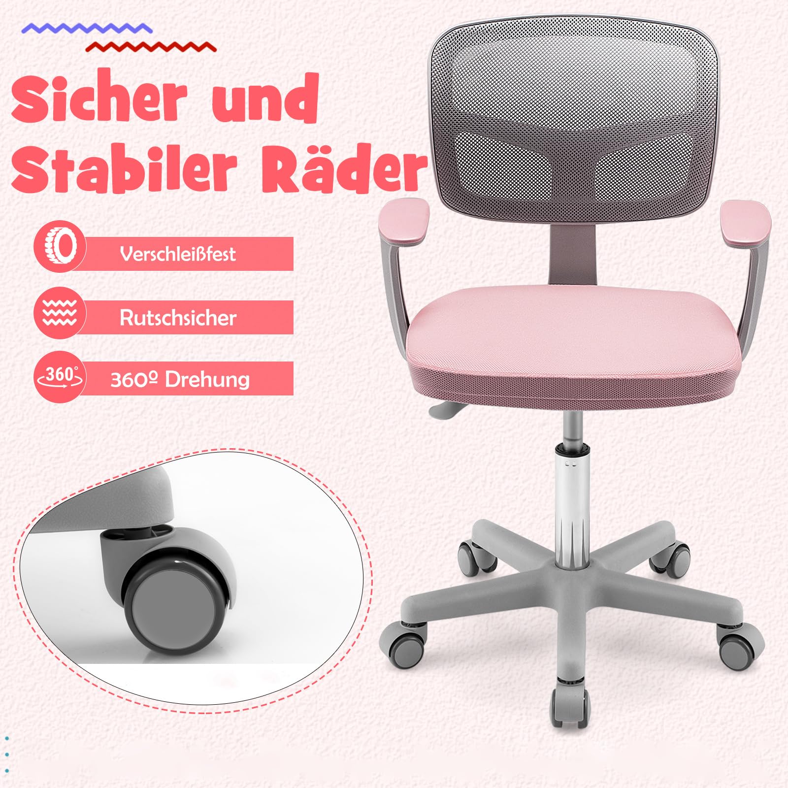 COSTWAY 360° Drehbarer Kinderschreibtischstuhl, Höhenverstellbar 80-91,5 cm, mit Rückenlehne & Armlehnen, 5 Rollen, für Kinder 3-10 Jahre (Rosa)