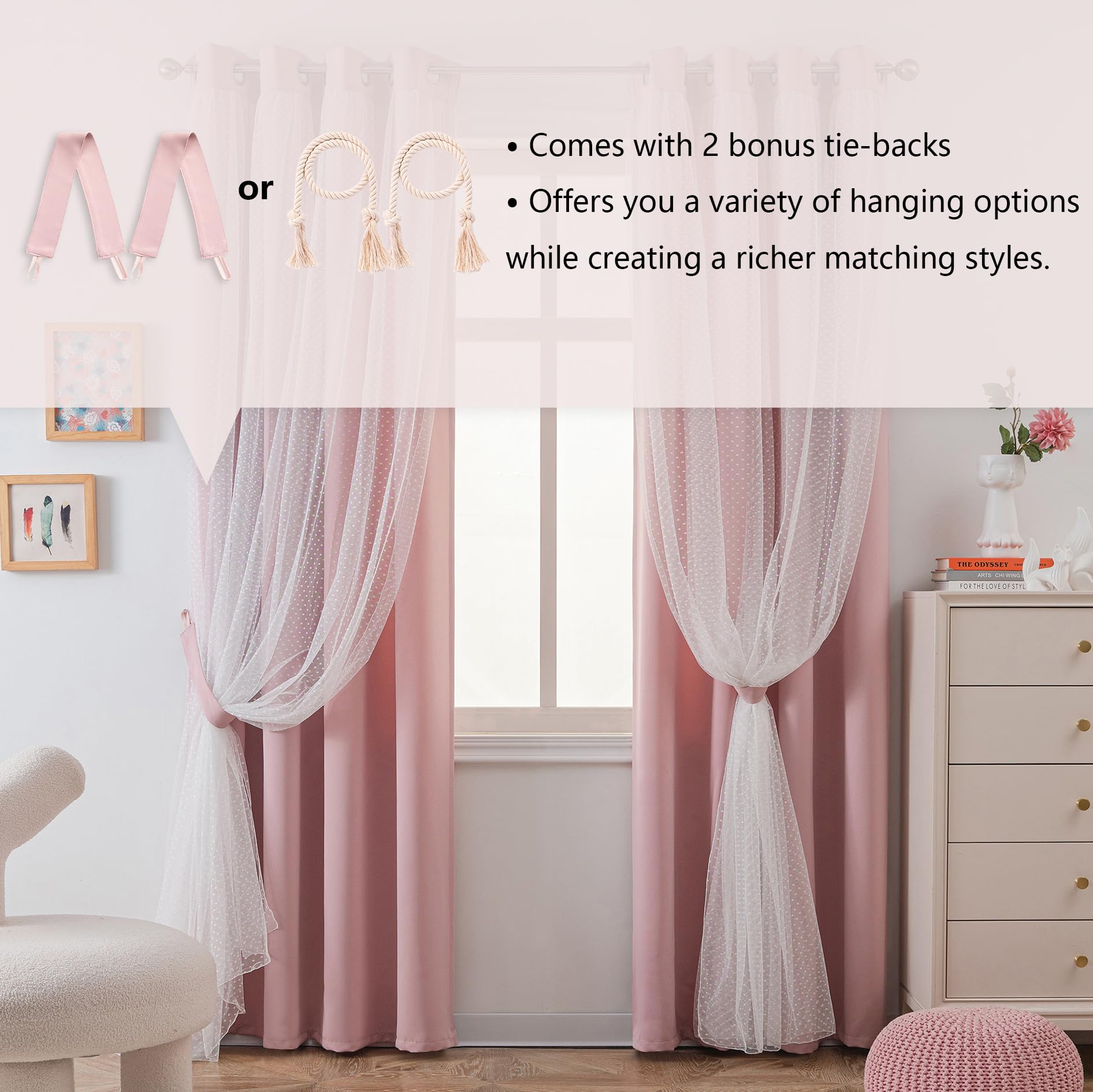 Cortinas Opacas De Doble Capa Para Habitación Infantil - Color Rosa Con Gasa Blanca Y Pompones, Bloquean 60-75% De La Luz