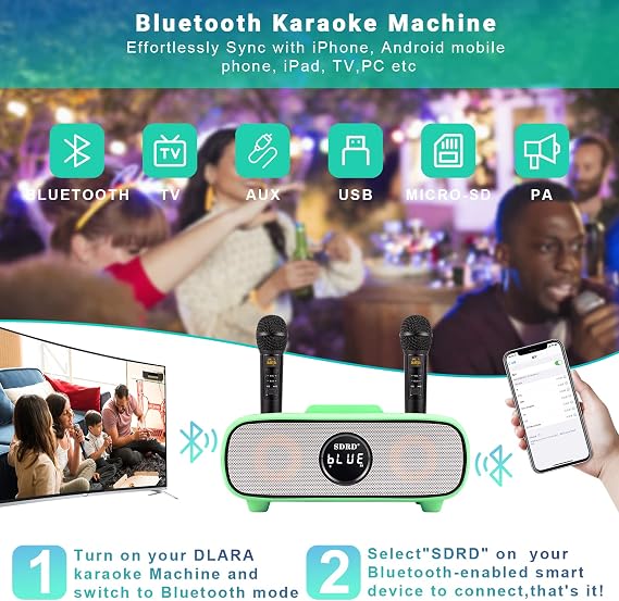 Karaoke Machine for Adults and Kids,Portable Bluetooth Karaoke Machine with Mobile Phone Holder, PA Speaker System with 2 Wireless Bluetooth Microphone Best Birthday Gift (Green)