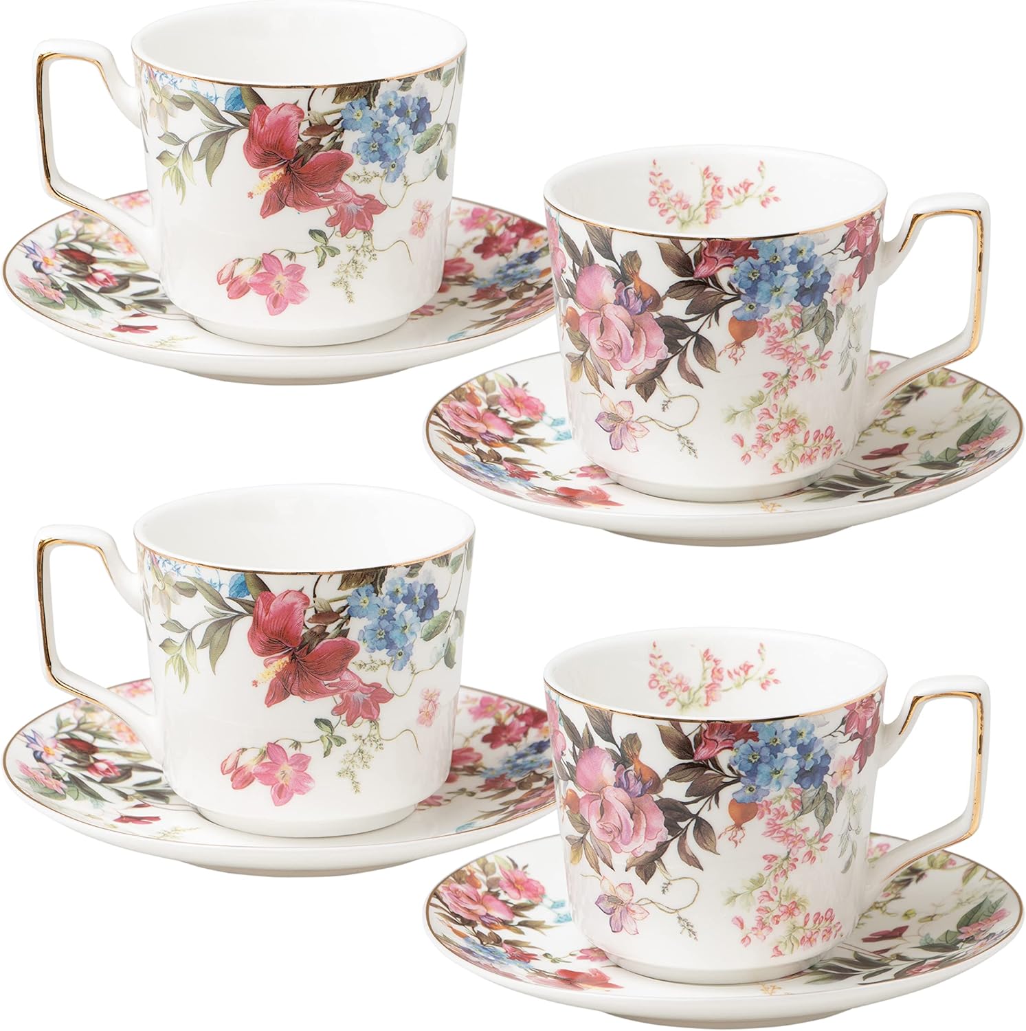 Gracie China Hydrangea Porcelain Tea/coffee Cups with Saucers, Set of 4 (Blue and Pink)