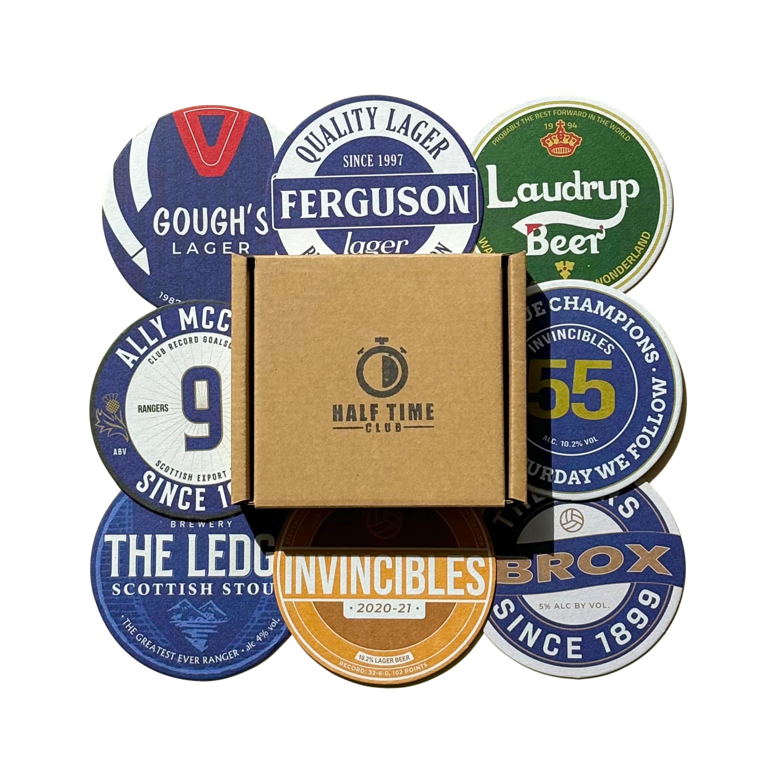 Half Time Club Blue Rangers Football Beer Mat Coasters - Perfect For A Gift Or Present For Any Rangers Fan (8-Pack)