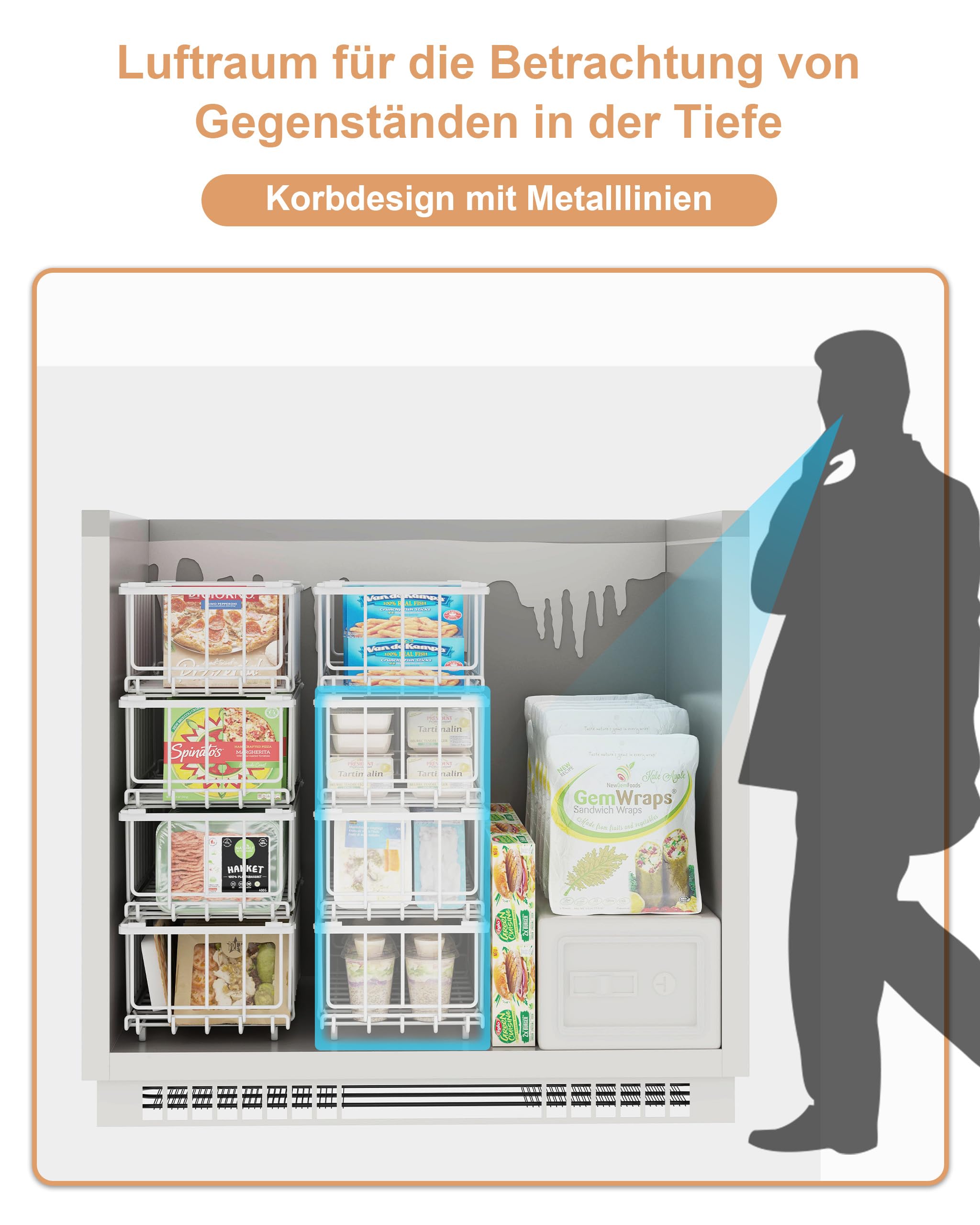 UMDONX Gefrierschrank Organizer Behälter, 8er Stapelbare Metallkorb Gefriertruhe Körbe für 198L,Gefrierschrank Gefriergut Sortieren, Einfacher Zugriff auf Tiefkühlkost Weiß(37x18x15cm)