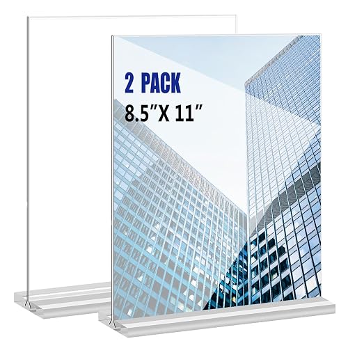 KOOLDE Acrylic Sign Holder 8.5x11 Inches 2 Pack T Shape Desktop Display Stand Vertical Double Sided Clear Table Menu Flyer Holder for Restaurants, Office, Shop, Wedding