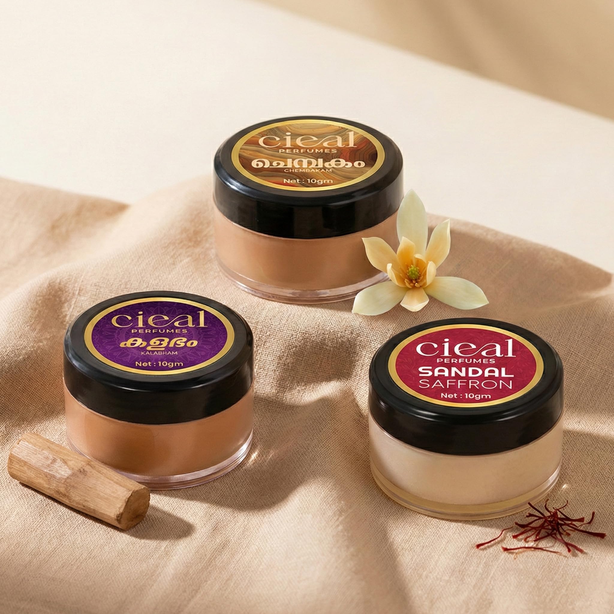CIEAL Solid Perfume Set of 3 (Sandal Saffron, Chembakam & Kalabham) | Alcohol-Free Long Lasting Solid Cologne | Pocket Size Travel-Friendly Perfume for Men & Women | Heritage Woody Floral Fragrance Gift Set-image-6