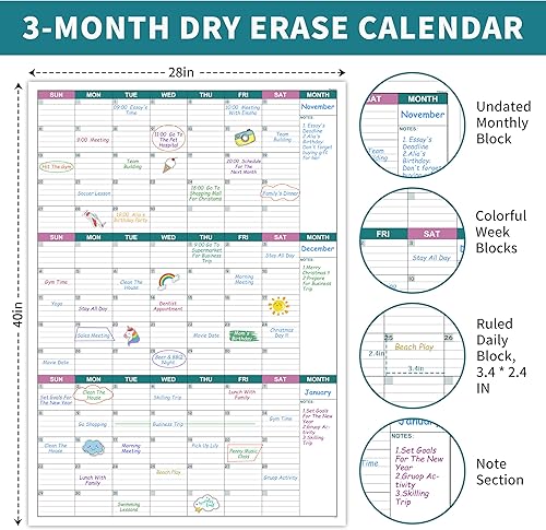 Miniatura 3 de Calendario grande de borrado en seco para pared, calendario de pared de 3 meses sin fecha, 28 x 40 pulgadas (vertical), calendario de pared de