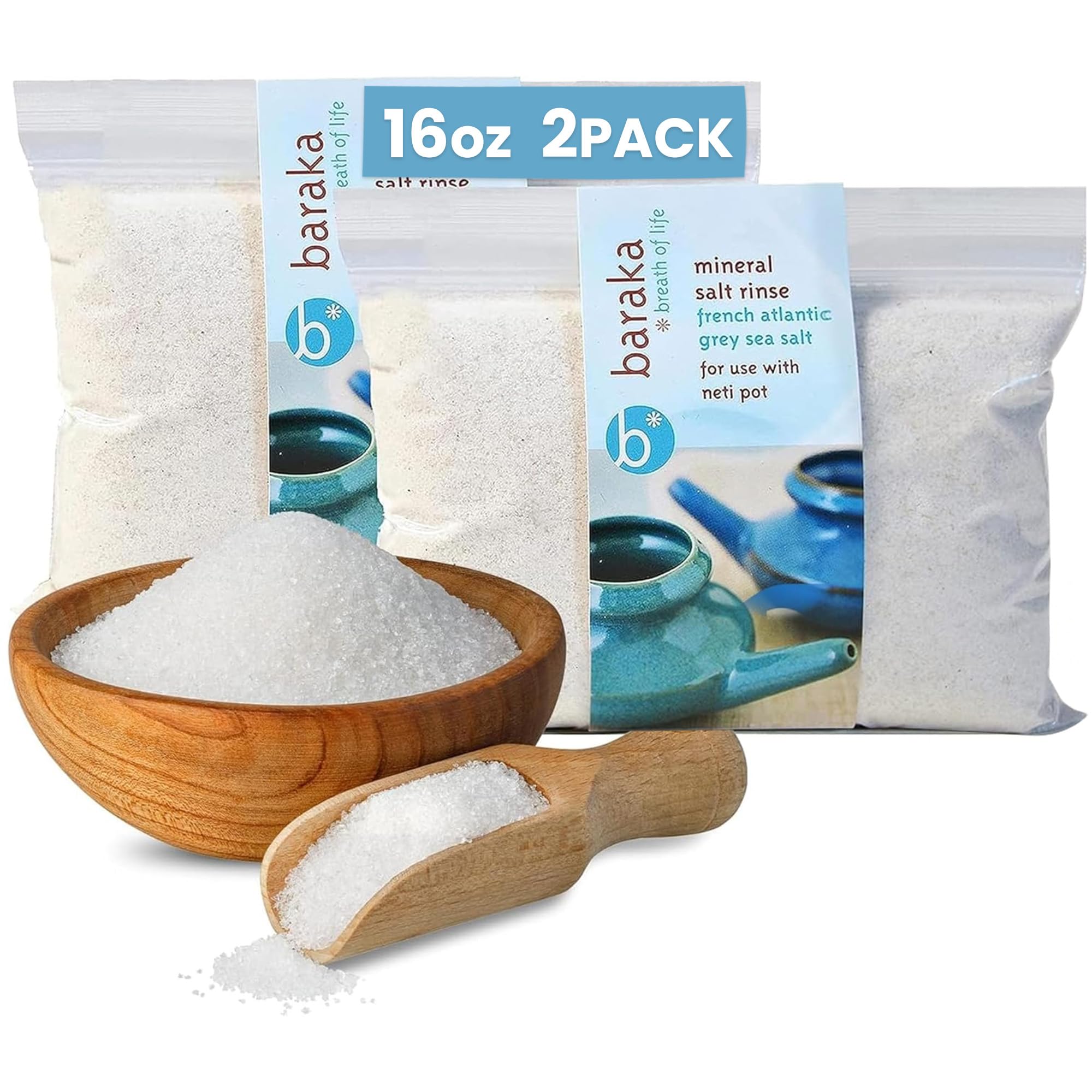 Baraka Mineral Sea Salt Rinse - French Atlantic Grey Sea Salt, Neti Pot Sinus Rinse, Natural Saline Solution, Nasal Wash, Perfect for Daily Neti Pot Rinsers, Easy to Use, No Additives, 16-oz, 2-Pack