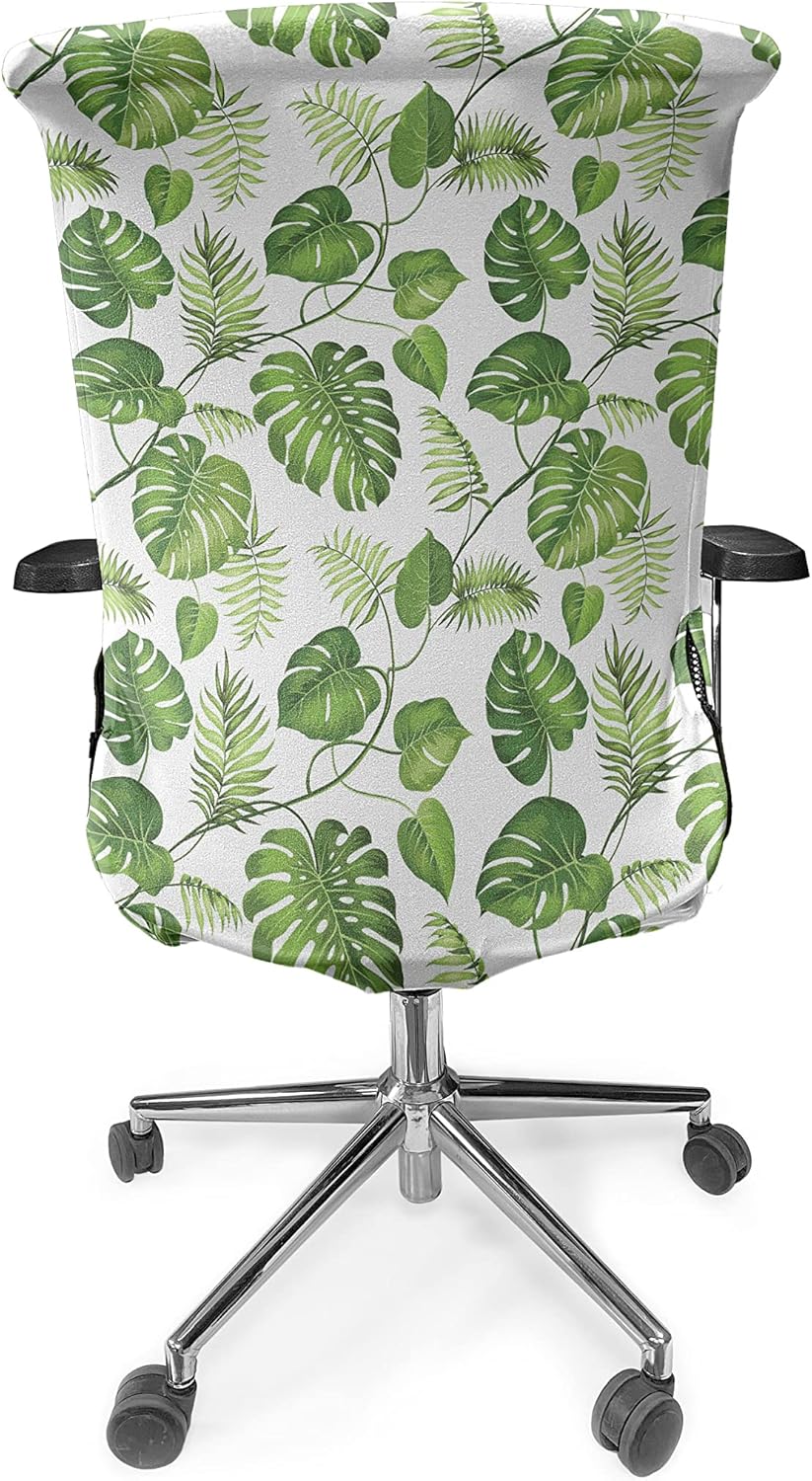 Ambesonne Leaves Office Chair Cover, Monstera and Fern Foliage Composition with Vines Hawaii Tropical Nature, Stretchable Decorative Universal Size High Back Printed Slipcover, Pale Green