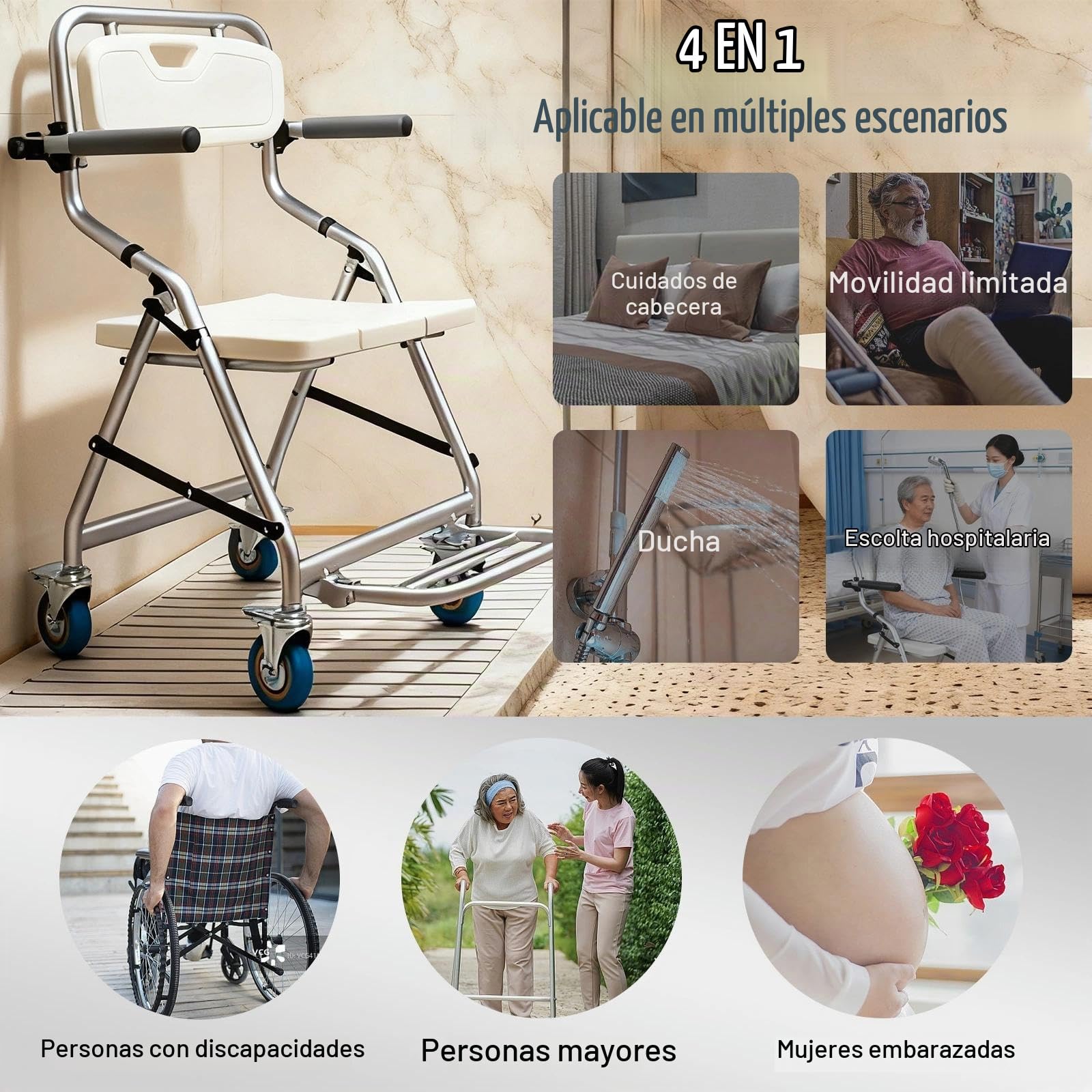 Silla de Ducha con Ruedas, Taburete de Ducha Plegable para Personas Mayores | Silla de Baño Ducha con Reposabrazos y Respaldo para Discapacitados y Mujeres Embarazadas, Carga 120kg