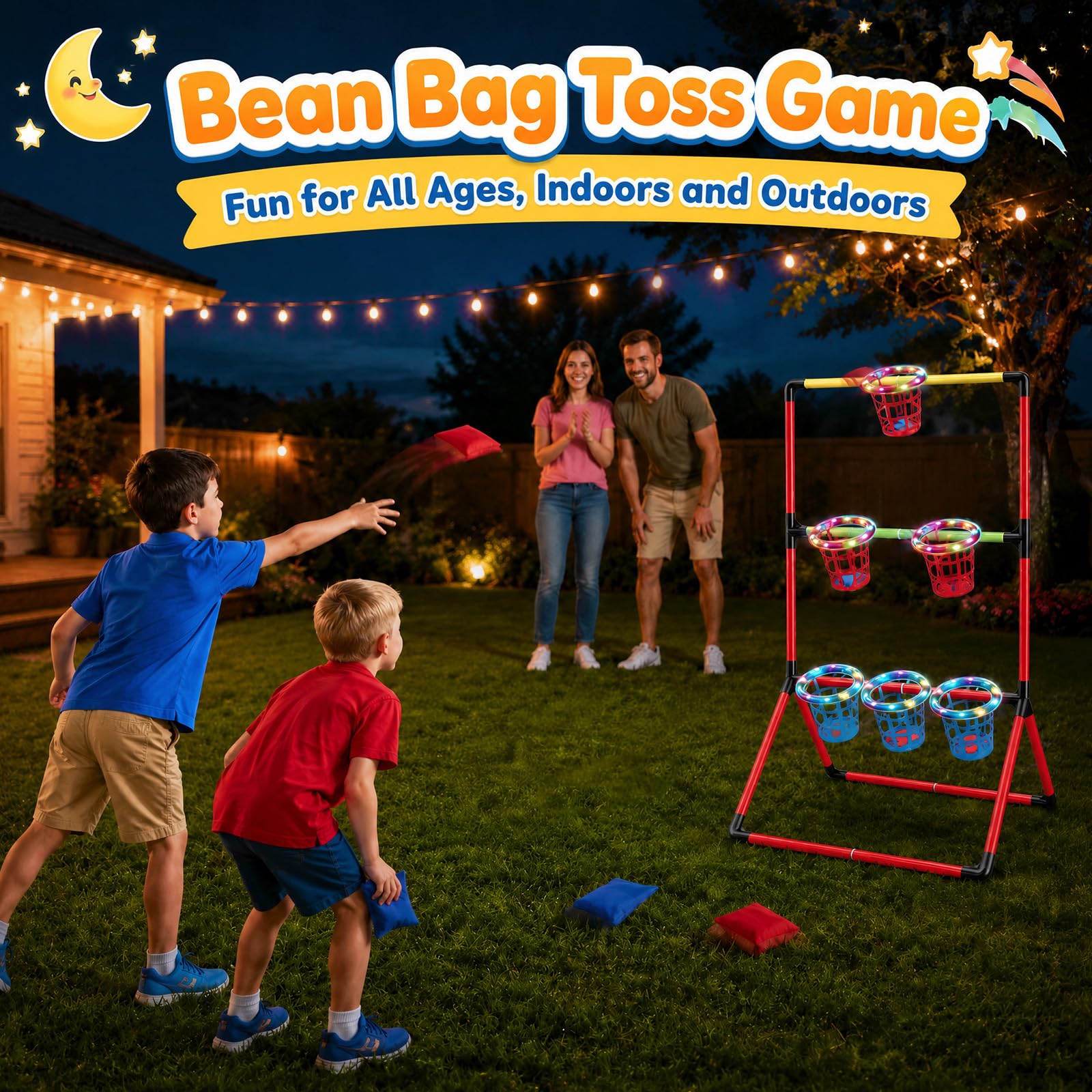 Jeux Jardin, Garden Pong 3-en-1 avec 6 Paniers Lumineux 6 Balles Garden Pong 6 Sacs Lancer Jeu Lancer Jeu Sportif pour Intérieur et Extérieur pour Les Réunions Famille
