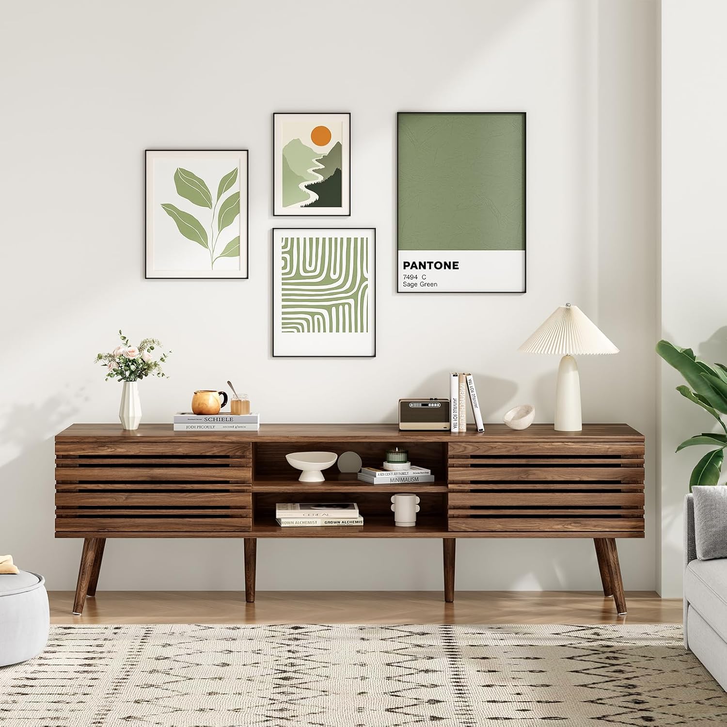 Soohow Mid Century Modern TV Stands for up to 70" TV with Storage, Fluted Wood TV Stand for Living Room, Boho Media Console, Entertainment Center with Cable Management