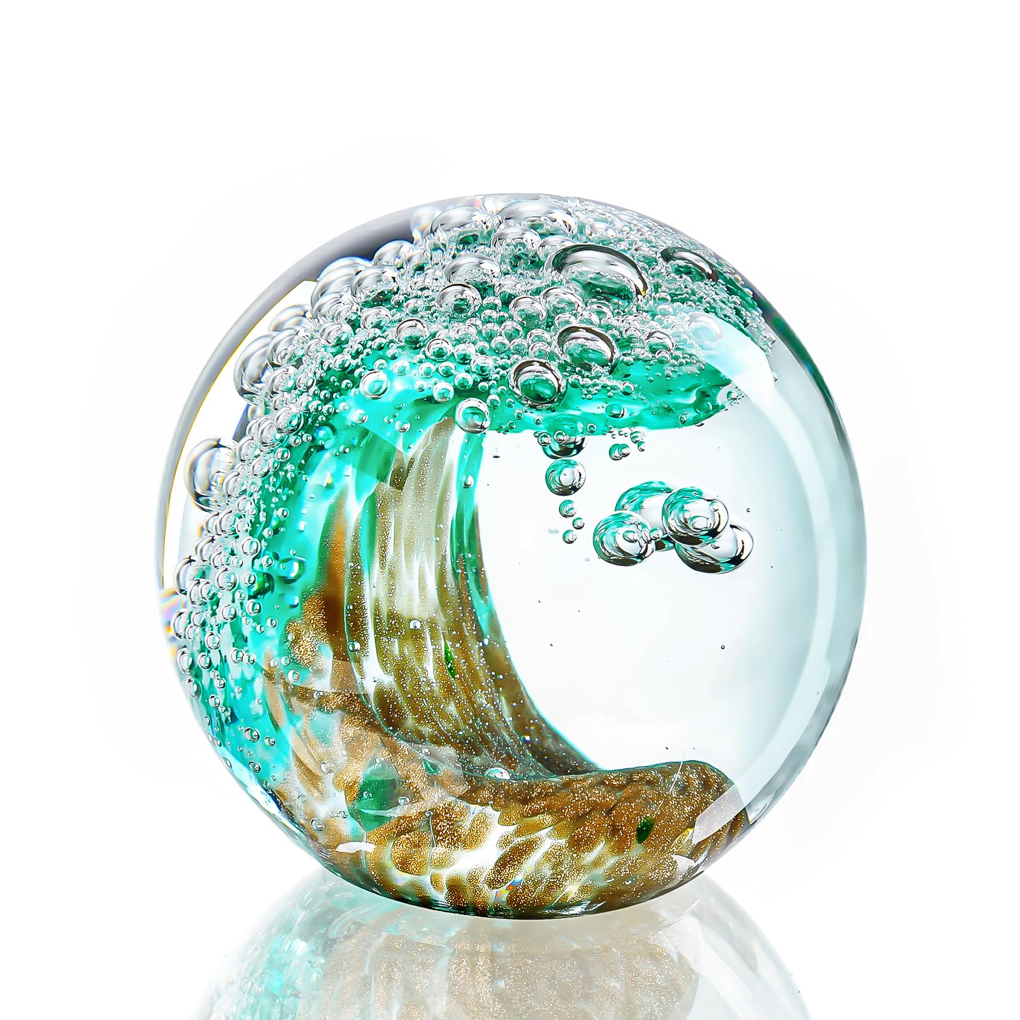 H&D HYALINE & DORA 2.3 Inch Paperweight, Hand Blown Ocean Waves Crystal Glass Ball, Green Ornament for Aquarium & Office Decor, Gift for Ocean Lovers