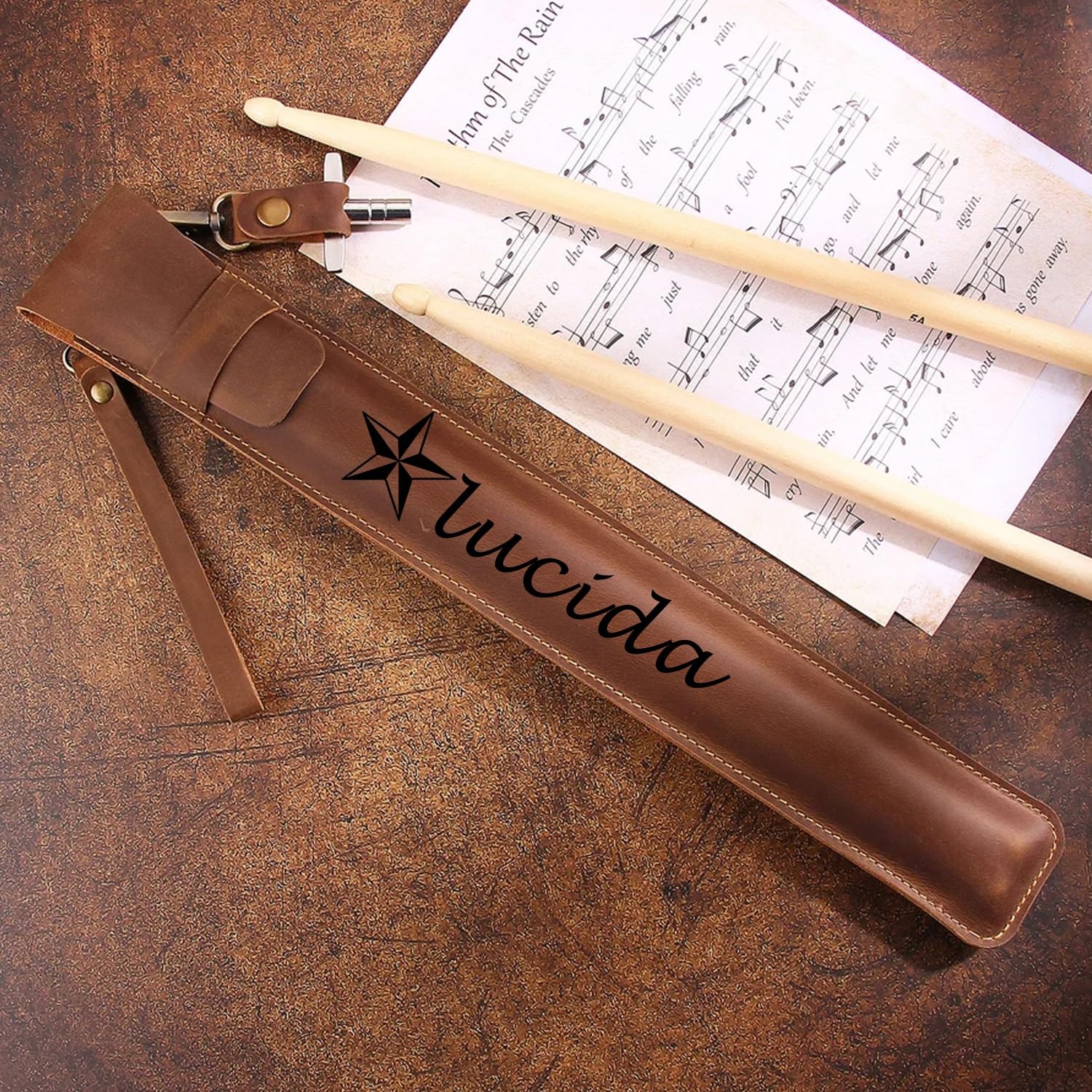 Minxltd Coffee Personalized Handmade Leather Drum Stick, Custom Drumstick Pouch, Engraved Name/Text/Logo Drumstick Sleeve, Drum Leather Accessories, Drummer Bag, Drummer Gifts(Coffee)