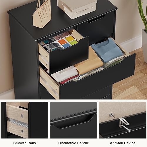 Vista 8 de Gizoon Cómoda de 5 cajones, cómoda negra para dormitorio con gran capacidad de almacenamiento, cómoda con mango integrado, dispositivo resistente