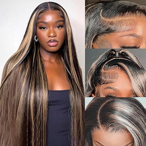 Miniatura 2 de Pelucas de cabello humano real con nudos blanqueados con reflejos y encaje frontal, densidad del 220%, balayage, sin pegamento, pelucas de cabello