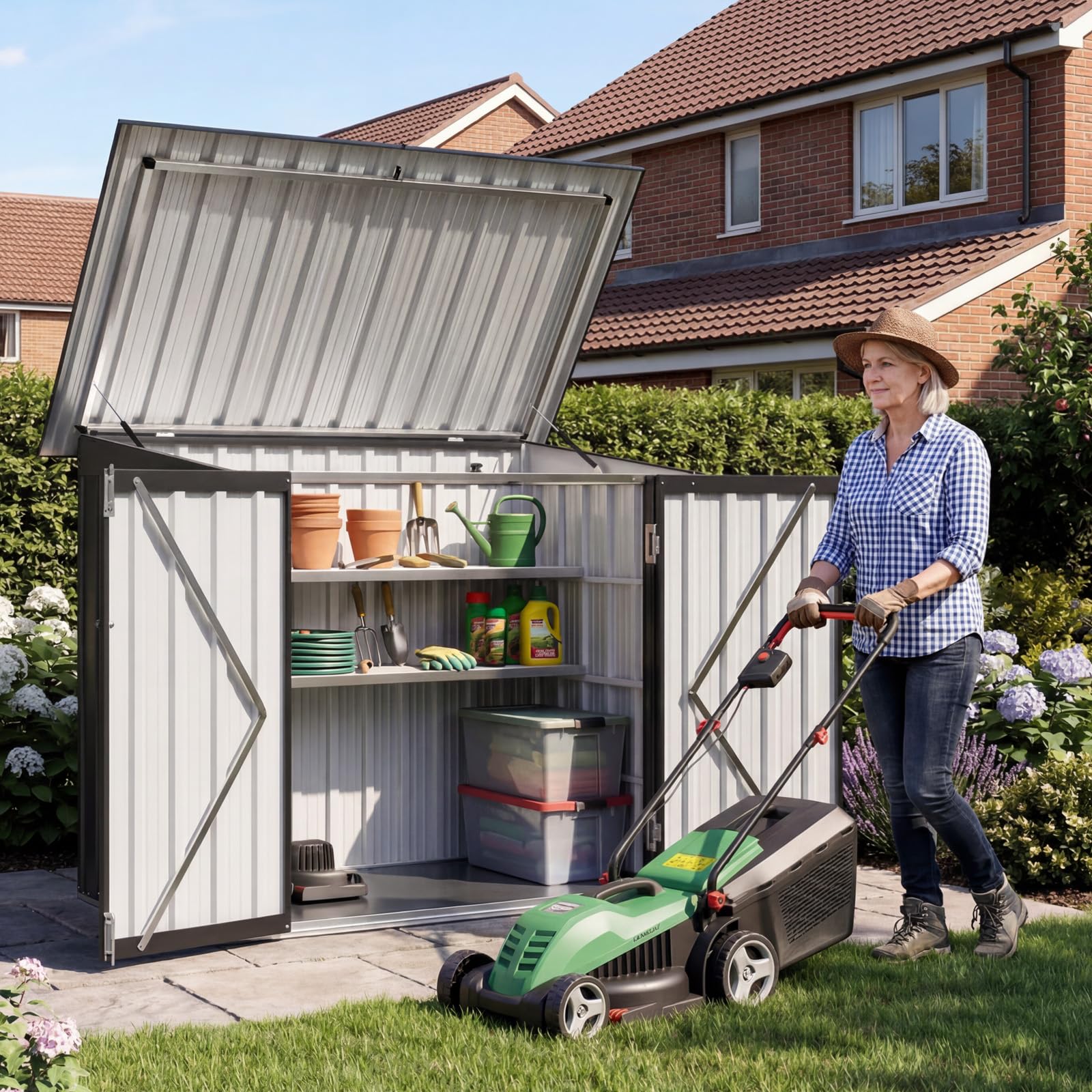 Aoxun 4.7x2.9ft (Overall Dimensions) Metal Garden Shed, Galvanized Outdoor Storage Shed with Openable Front & Top Doors and 2 Removable Shelves, Outdoor Storage for Backyard Garage Lawn, Black