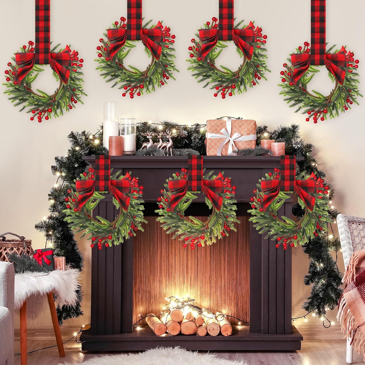 Dingion 8 Pcs 6 Inch Mini Cabinets Christmas Wreaths for Kitchen Mini Norfolk Wreath with Ribbon Bows and Berry Hanging Artificial Greenery for Farmhouse Door Wall Window Decor(Stylish Style)