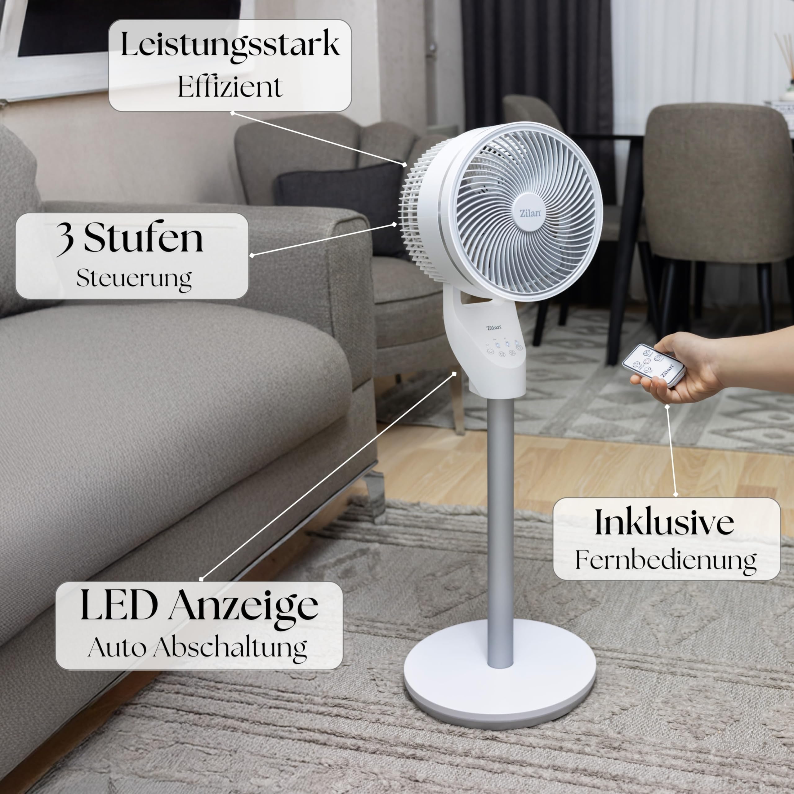 Zilan Standventilator leise mit Fernbedienung kraftvoller Ventilator mit Timer 60W energiesparend 3 Stufen hoher Luftdurchsatz oszillierend Bodenventilator Aircooler Standlüfter (Weiß mit FB)