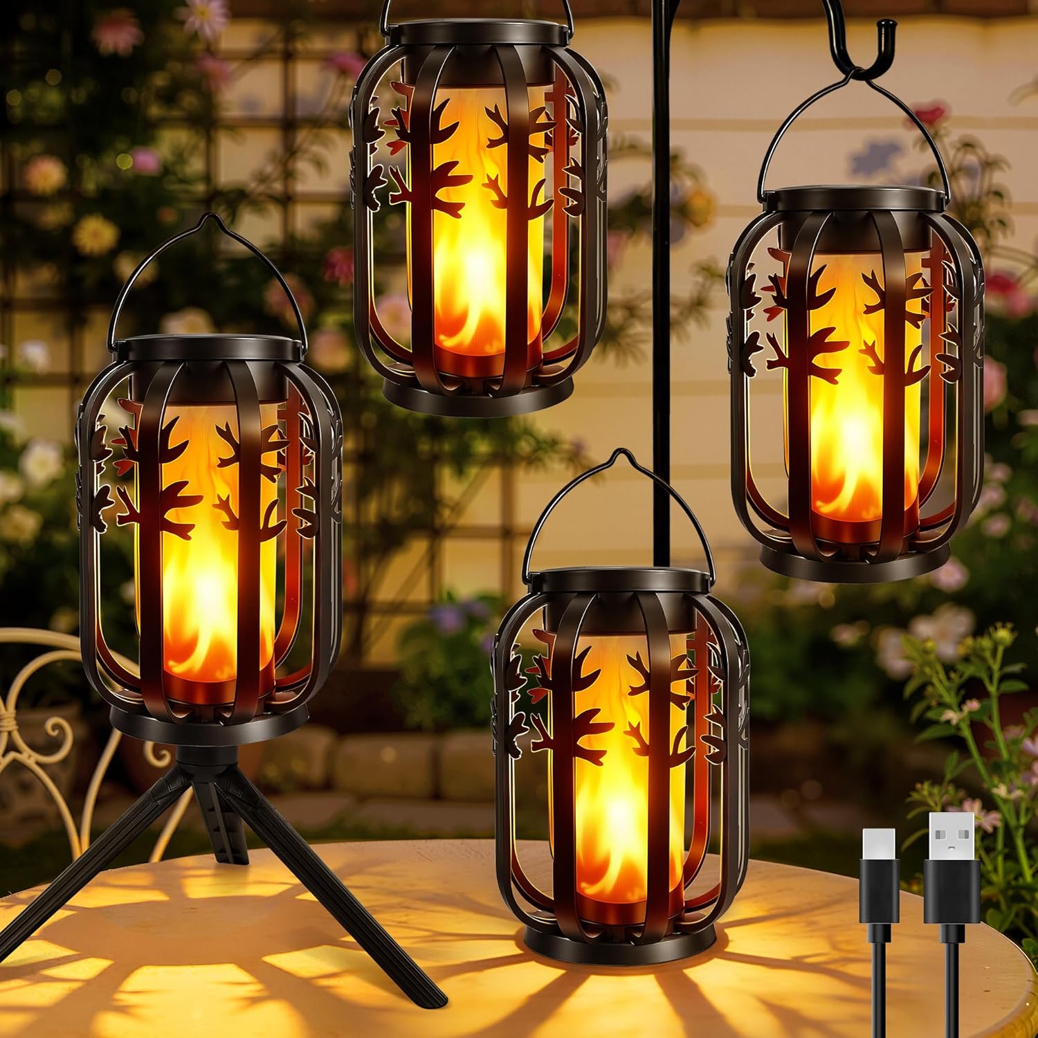 Ollny 4 Pack Solar Lanterns Outdoor Waterproof, Upgraded Flickering Flame Solar Lights Outdoor, Dual Charging (USB/Solar), 4 Modes Hanging Solar Lantern for Yard Patio Path Tree Garden Decor