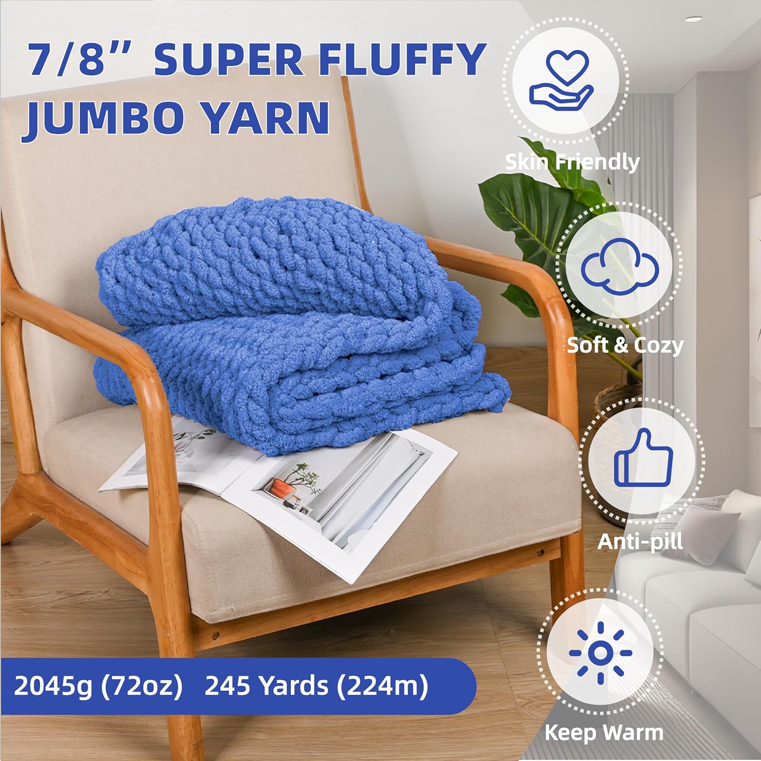 Chunky Yarn for Hand Knitting, 8 Packs Chunky Chenille Yarn for Crocheting, Bulky Thick Fluffy Yarns for Knitting, Super Bulky Blanket Yarns for Handcrafts 2045g (72oz) 245 Yards (224m)