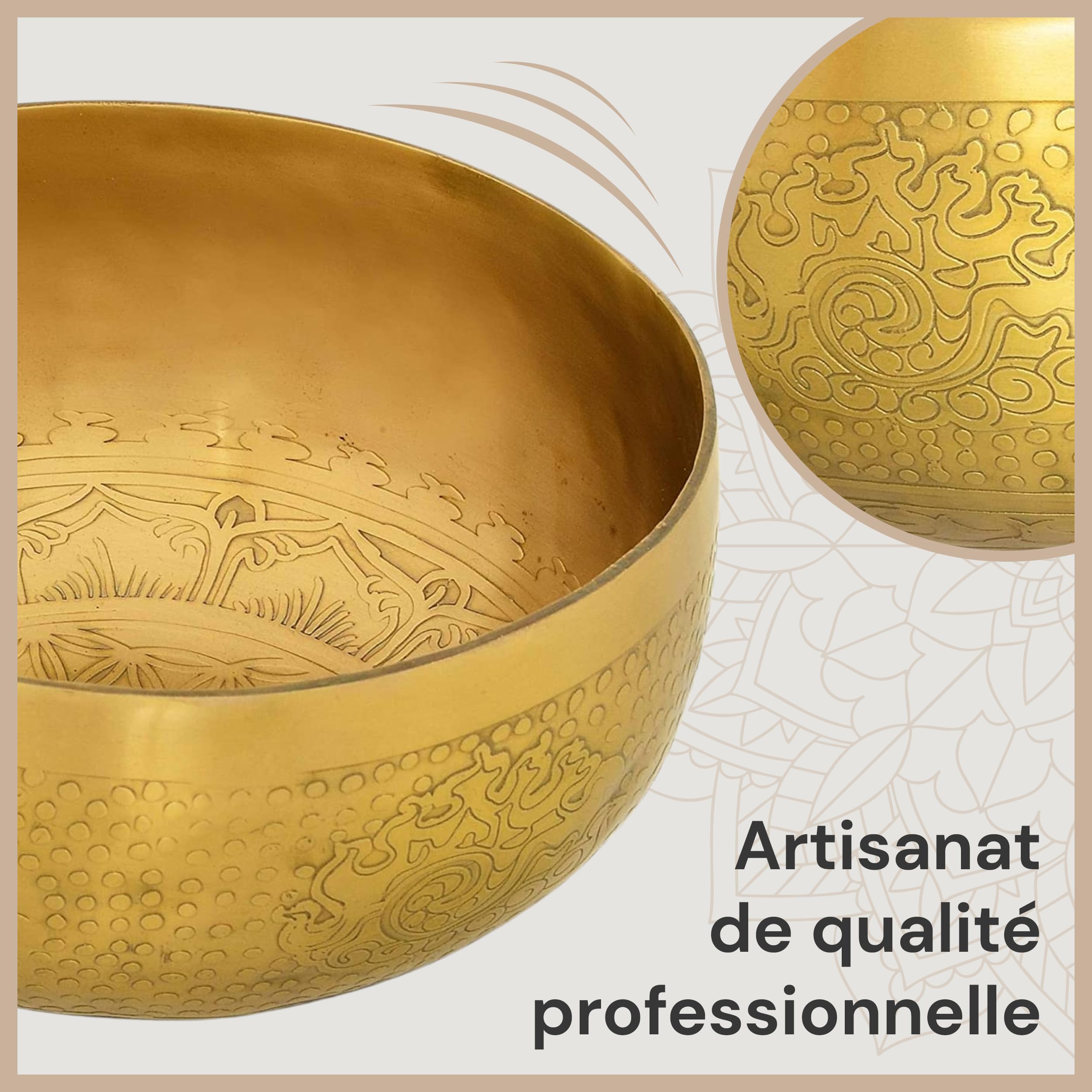 Bol chantant tibétain, motif fleur de vie, pour yoga, méditation et détente, diamètre : 20 cm, 1100 g, surface mate, fait à la main traditionnel, de qualité professionnelle