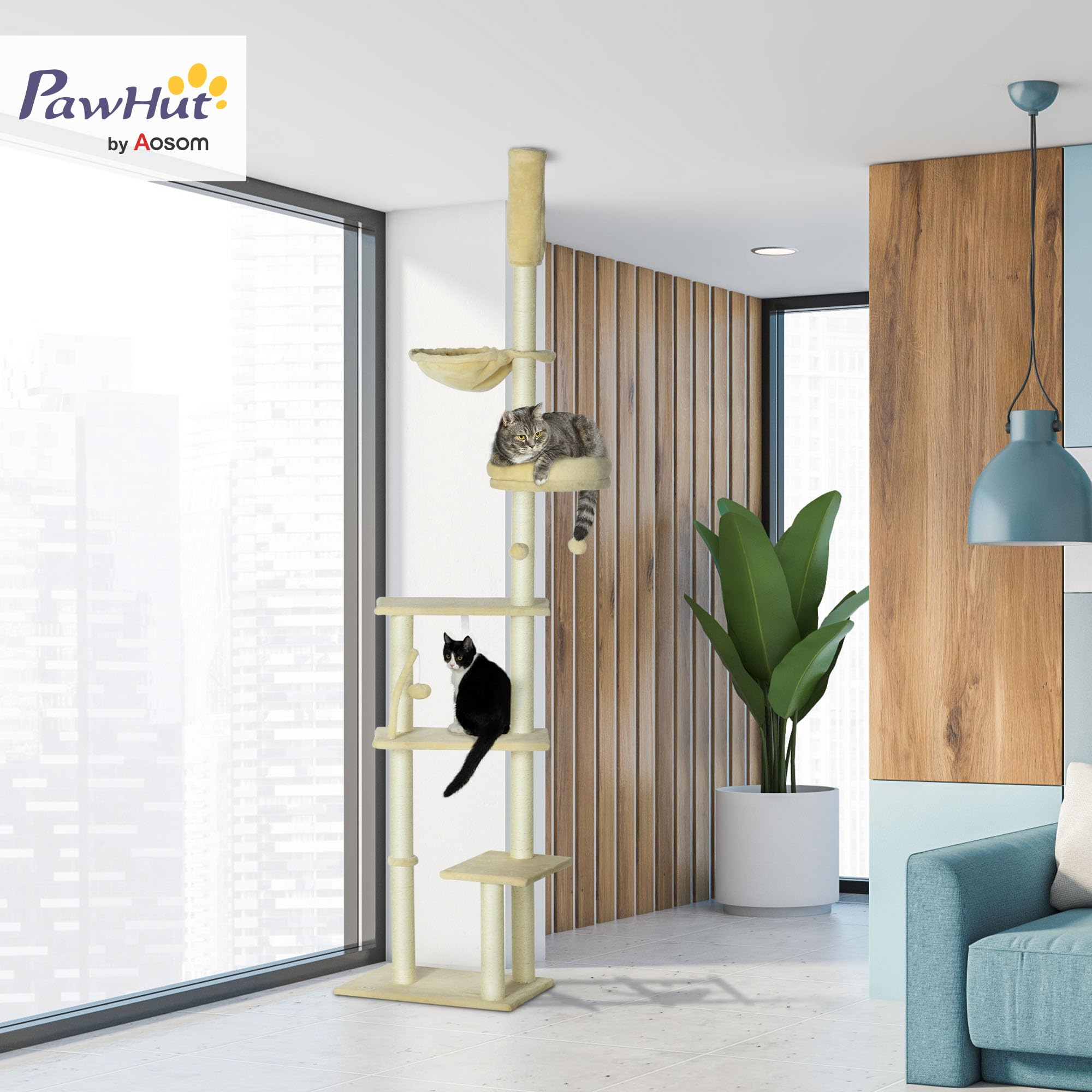 PawHut Árbol para Gatos de Suelo a Techo Altura Ajustable 230-250 cm Beige | Árbol Rascador para Gatos, Múltiples Plataformas, Cestos, Hamaca, Bolas Colgantes