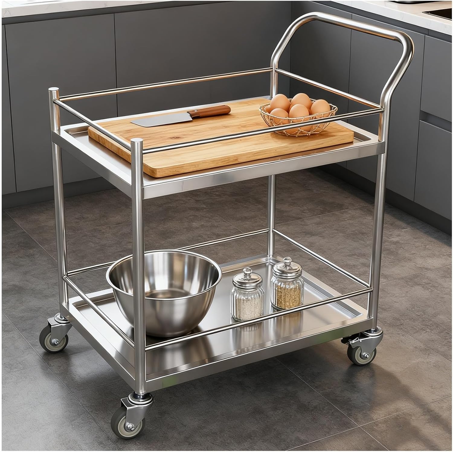 304 Stainless Steel Workbench with Soft Rubber Casters 2-Tier Kitchen Work Table H85/90/95cm Reinforced Handrails 1-Piece Welded Construction Crossbeam Reinforcement High Load Capacitility