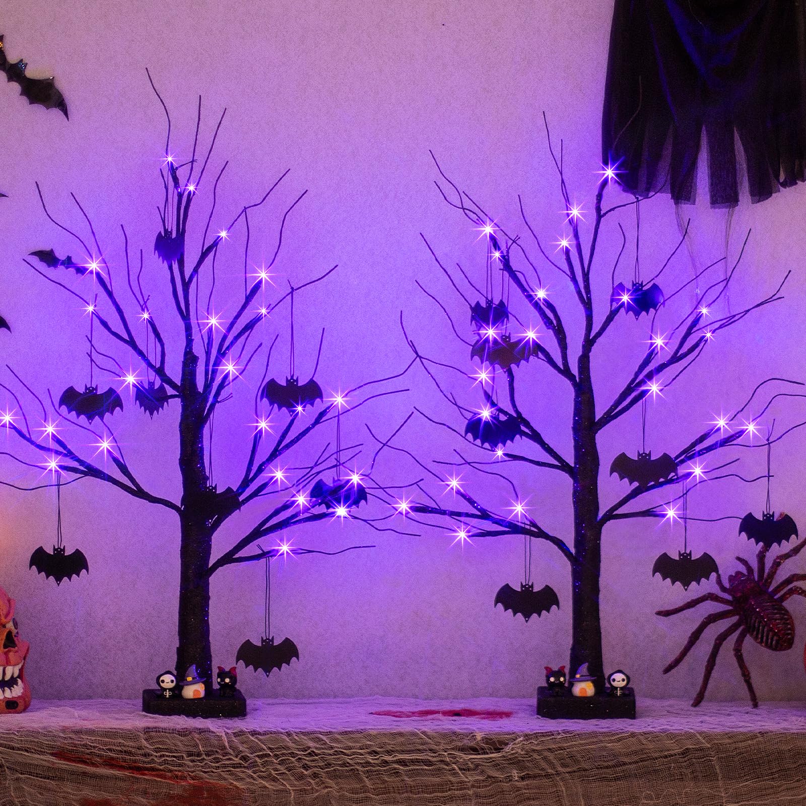 PEIDUO Halloween Decorations, 2FT Black Halloween Tree with 24 Purple Lights and 8 Bat Ornaments, Light up Halloween Decorations with Timer for Indoor Home Desk Table Decor (2PK)