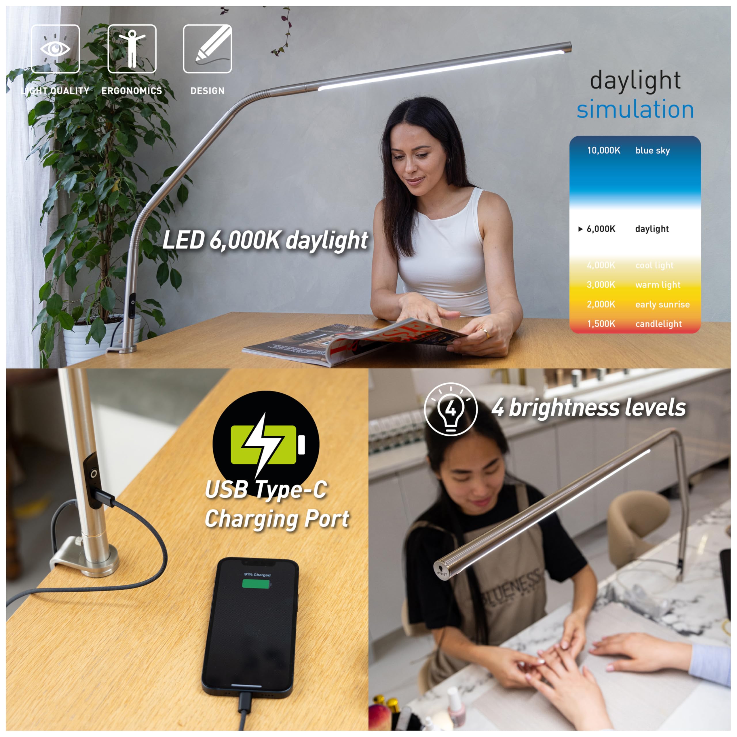 Daylight Slimline 4™ – Lámpara de Mesa LED – 6000K, 3200 Lux, 4 Niveles de Brillo, Puerto de Carga USB-C, Difusor Antirreflejos, Lámpara de Escritorio Ajustable para Arte,Acero Cepillado