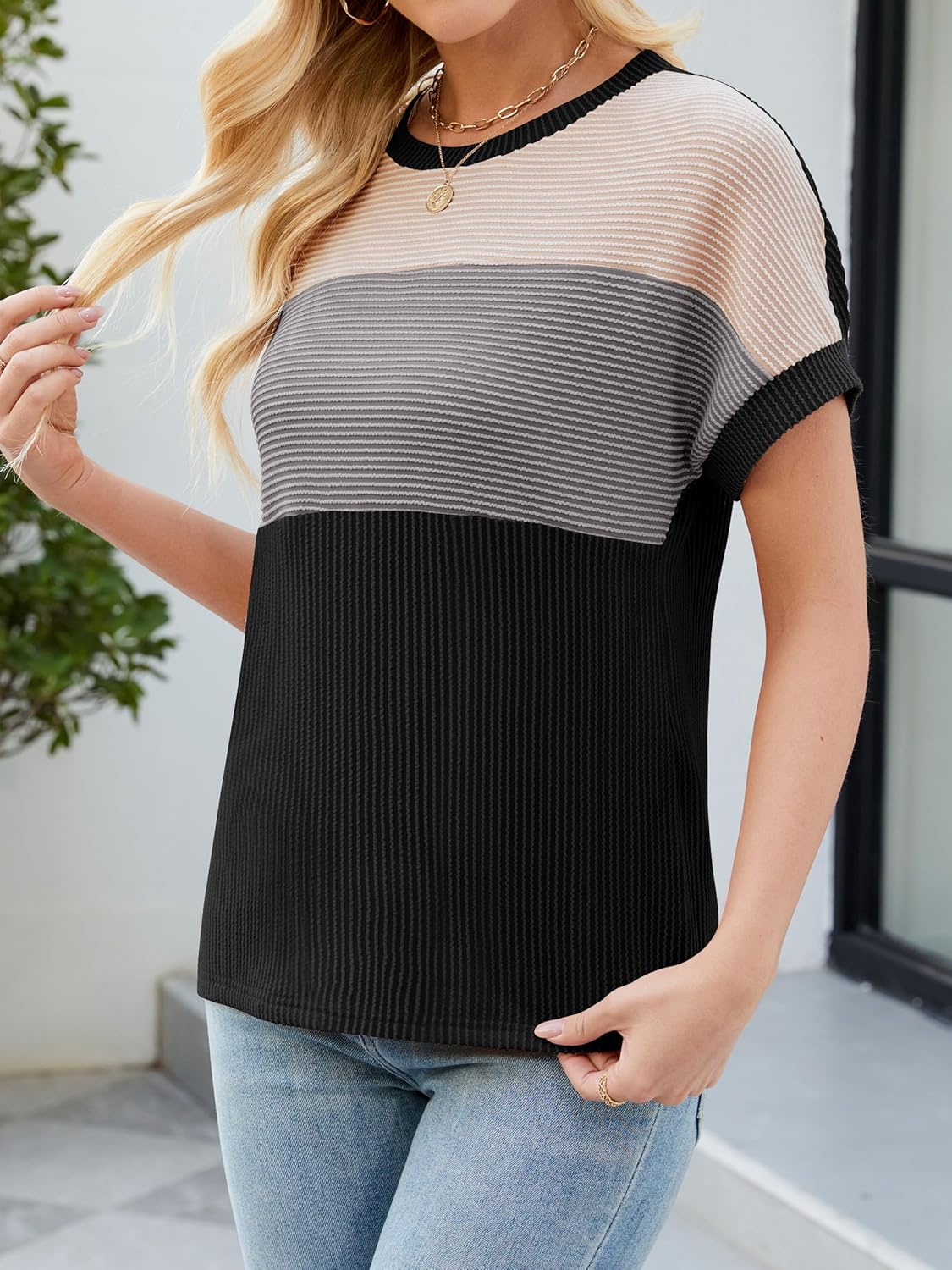 Womens Color Block T Shirts Tops Fashion Short Sleeve Crewneck Knitted Spring Summer Casual Loose Fit - Image 3