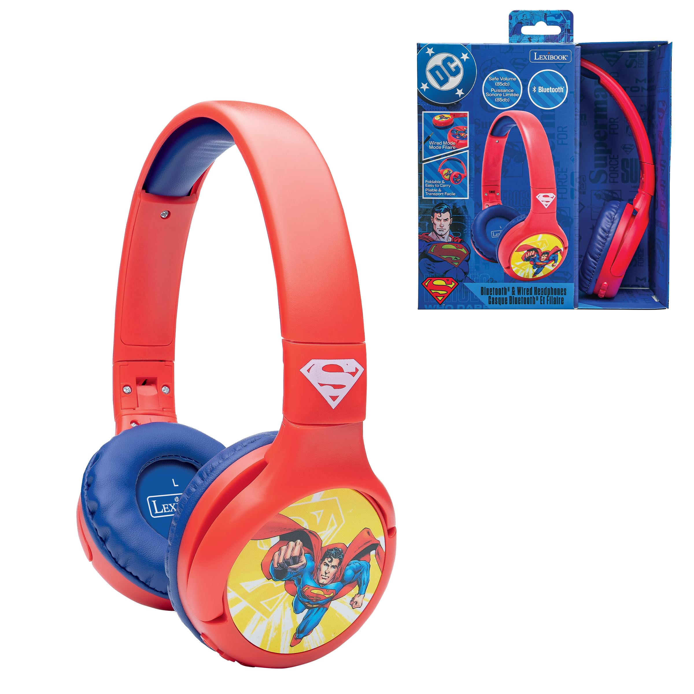 Lexibook - Superman - Cuffie Audio per Bambini 2-in-1 Bluetooth e con Cavo - Stereo, wireless, con filo, volume limitato, pieghevoli, regolabili, per bambina/bambino, rosso/blu, HPBT010SU