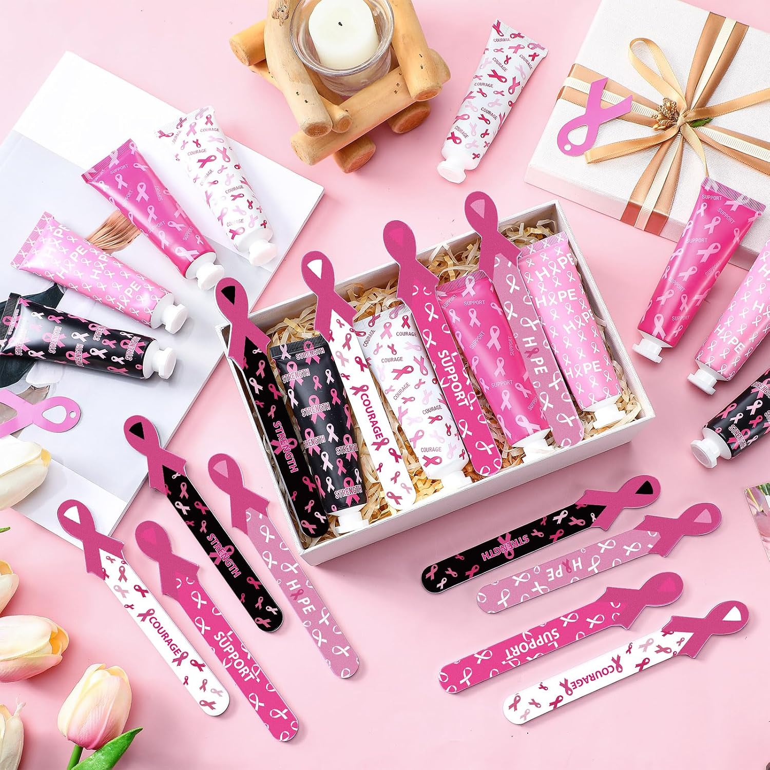 Loopeer 72 Pack Breast Cancer Awareness Gifts Set Hand Cream and Nail File Bulk for Women Pink Ribbon Travel Size Hand Lotion Breast Cancer Awareness Party Supplies for Guests