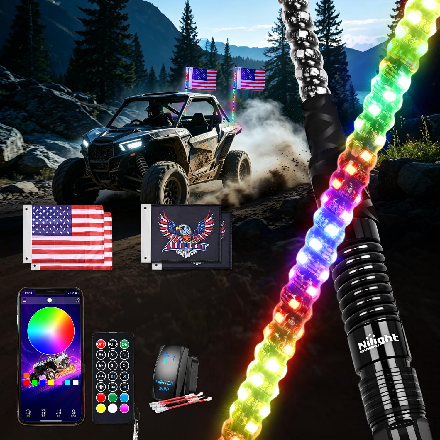 Nilight RGB LED Whip Light 2PCS 4FT Spiral Antenna Whips