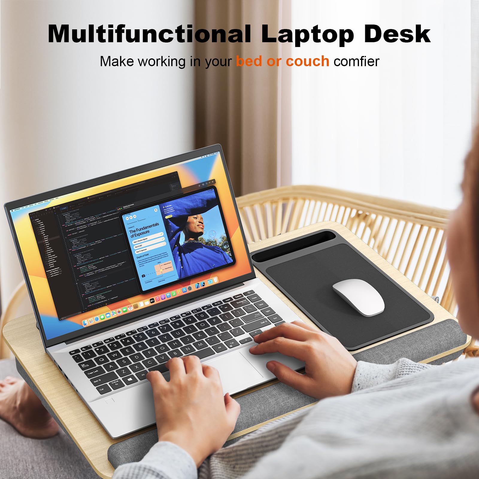 Lap Desk per computer portatili fino a 17.3", PUTORSEN scrivania portatile extra large con tappetino per mouse e tappetino da polso per notebook, Tablet, supporto per laptop con supporto per tablet