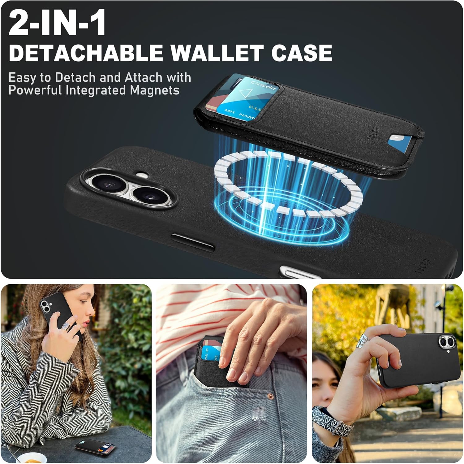 TUCCH Magnetic Case for iPhone 16 with Removable Wallet, 5 Card Holders Adjustable Stand Wallet Wireless Charging Anti-Slip RFID Blocking Slim PU Leather Cover Compatible with iPhone 16 6.1", Black